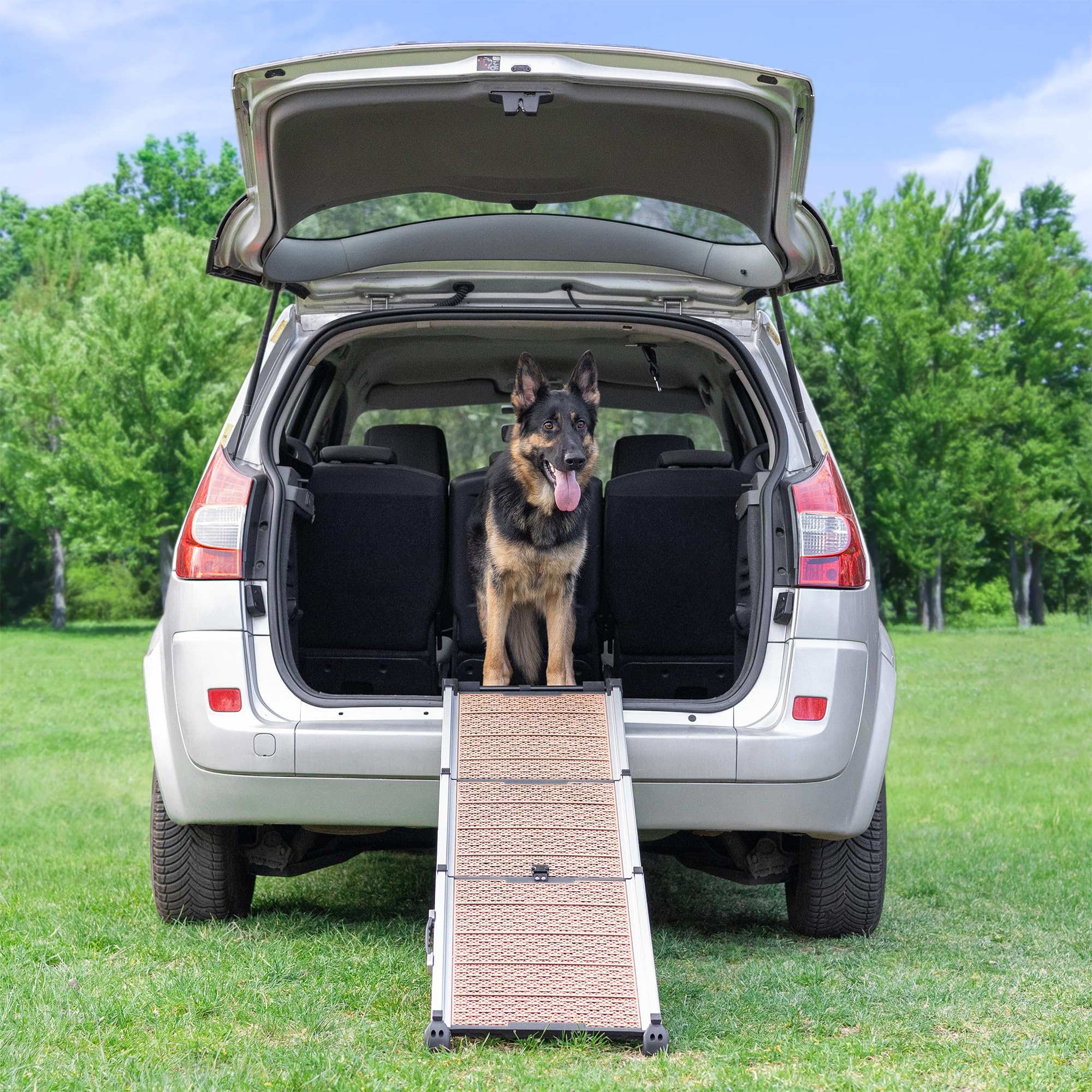 Rampa para Perros para Coche - Estable - Antideslizante - 90 kg de Capacidad - Rampas Extensibles para Perros Grandes - Laterales Reflectantes - Escalera Ligera para Perros - Clip de fijación - Arena