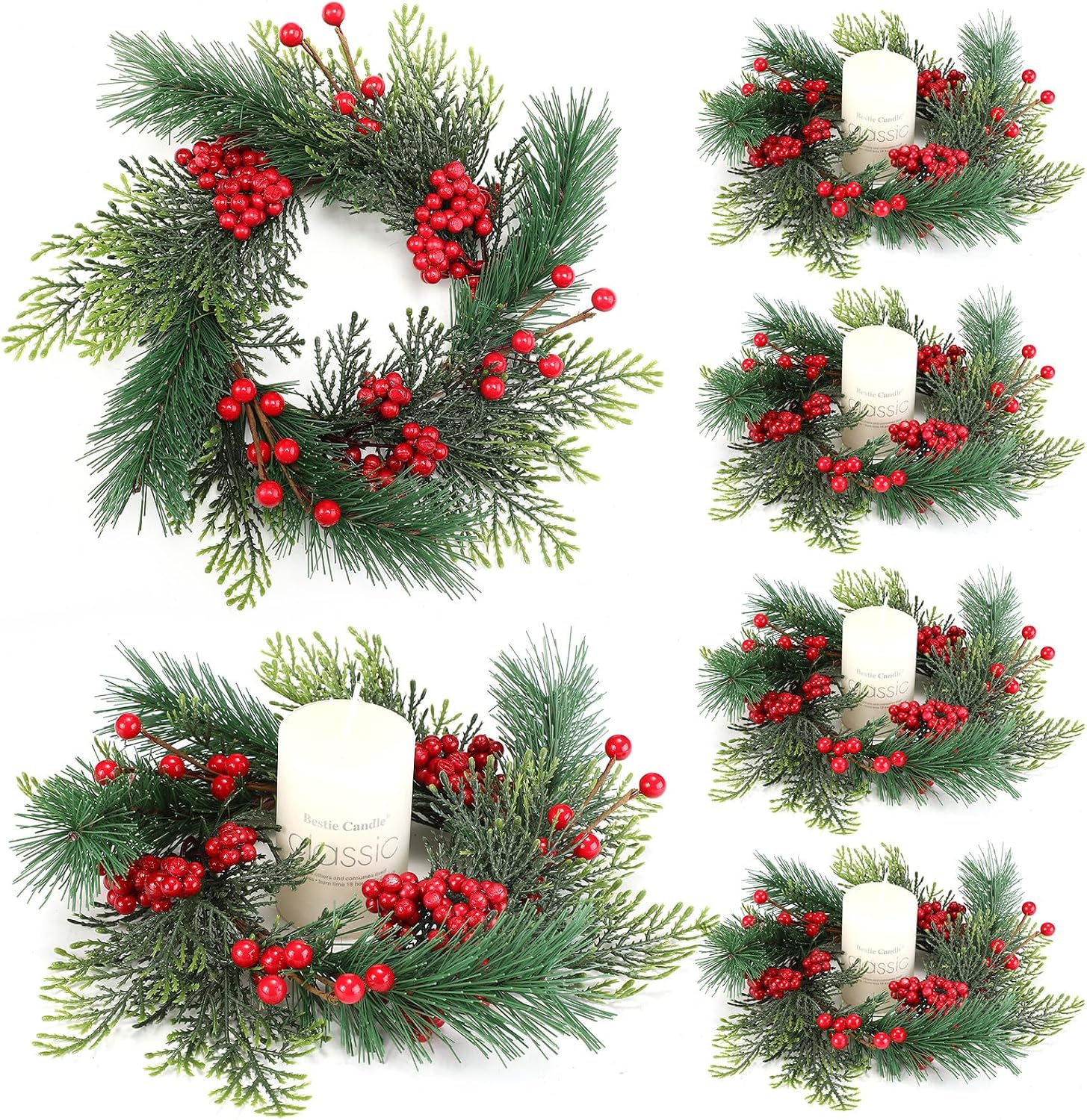 Knitgrip 4 Pcs Mini Christmas Candle Rings Wreath, Red Berry Pinecones Wreaths, Berries Pine Garland Candle Ring Holder for Christmas Wedding Home Table Centerpiece, Party Decorations