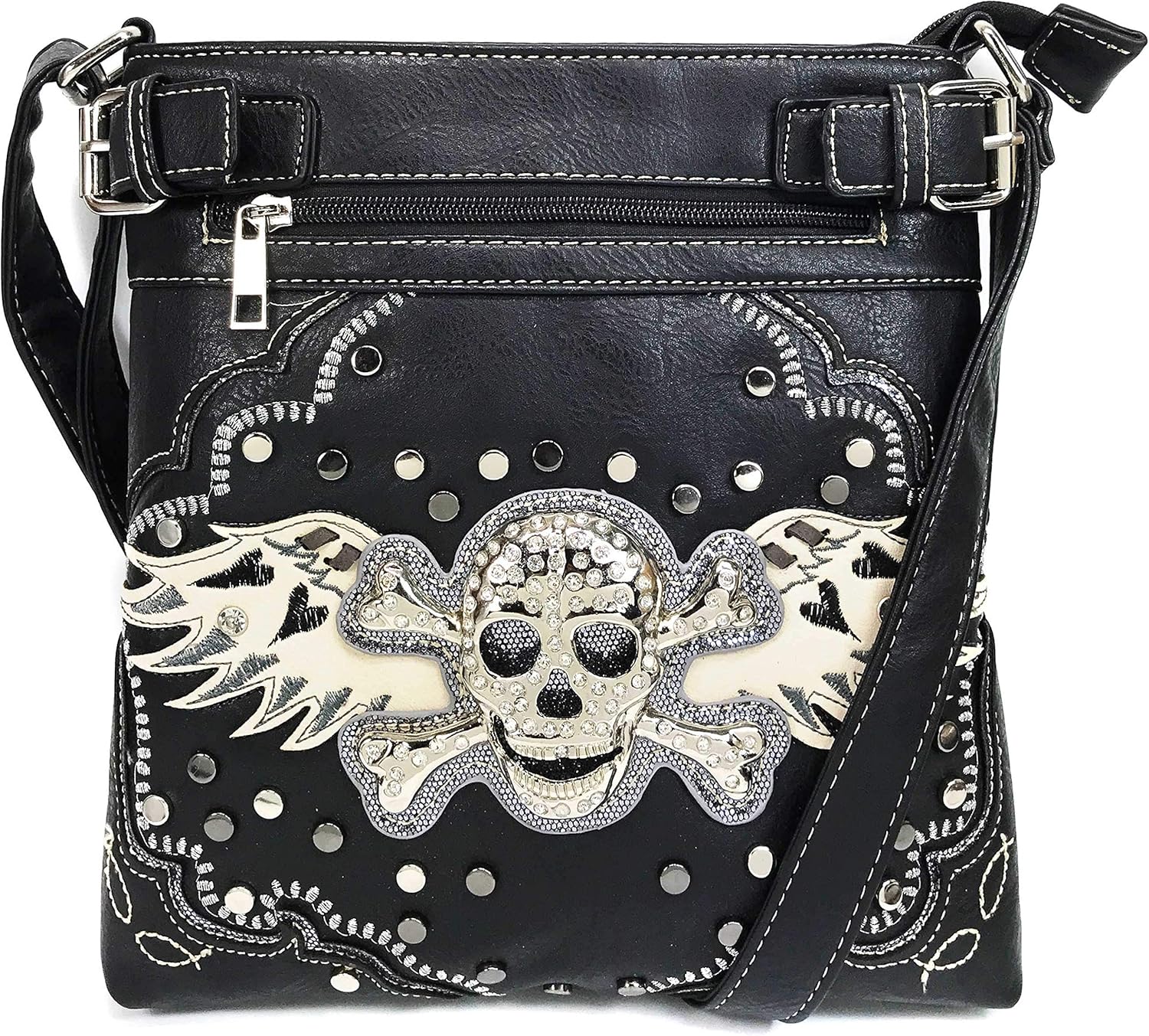 Justin West Fashion Floral Embroidery Rhinestone Skull Shoulder Concealed Carry Handbag Purse