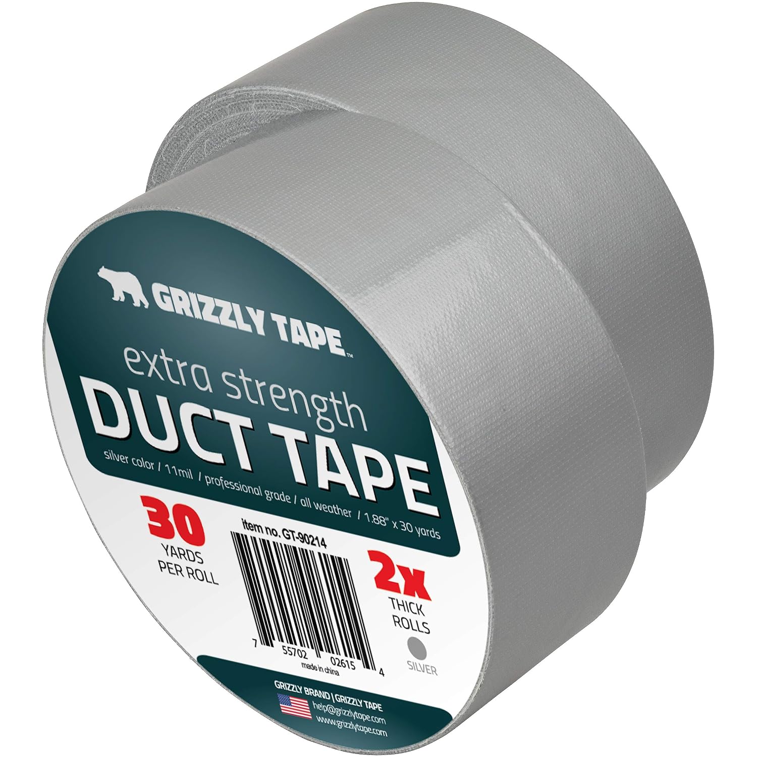 Grizzly Power Silver Duct Tape Heavy Duty (2 Pack) | Versatile Packing Tape 1.88 Inch x 30 Yards | Waterproof Tape Roll for Home Improvement, Office Use, Wrapping, Sealing, Crafting & General Repairs