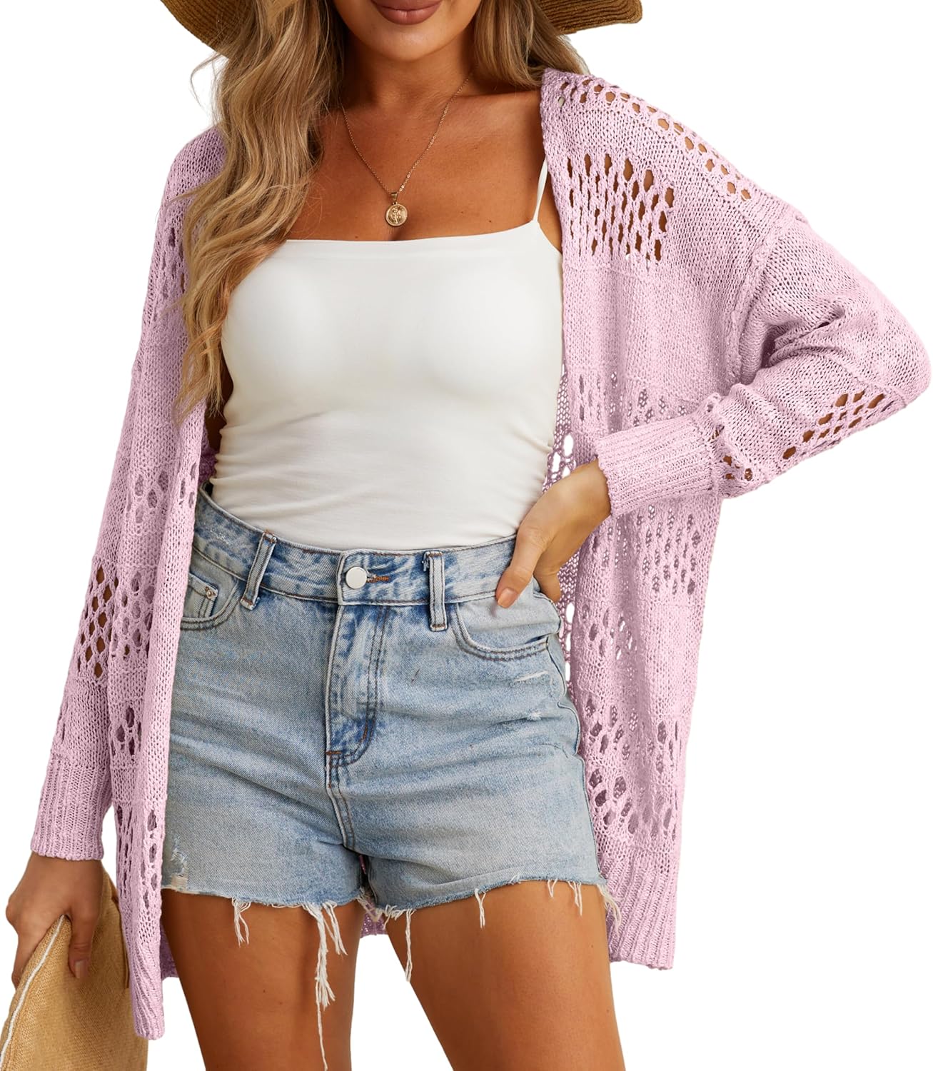 GRECERELLE 2025 Women Summer Crochet Boho Long Sleeve Lightweight Oversized Open Front Cardigan Sweaters Kimonos Tops