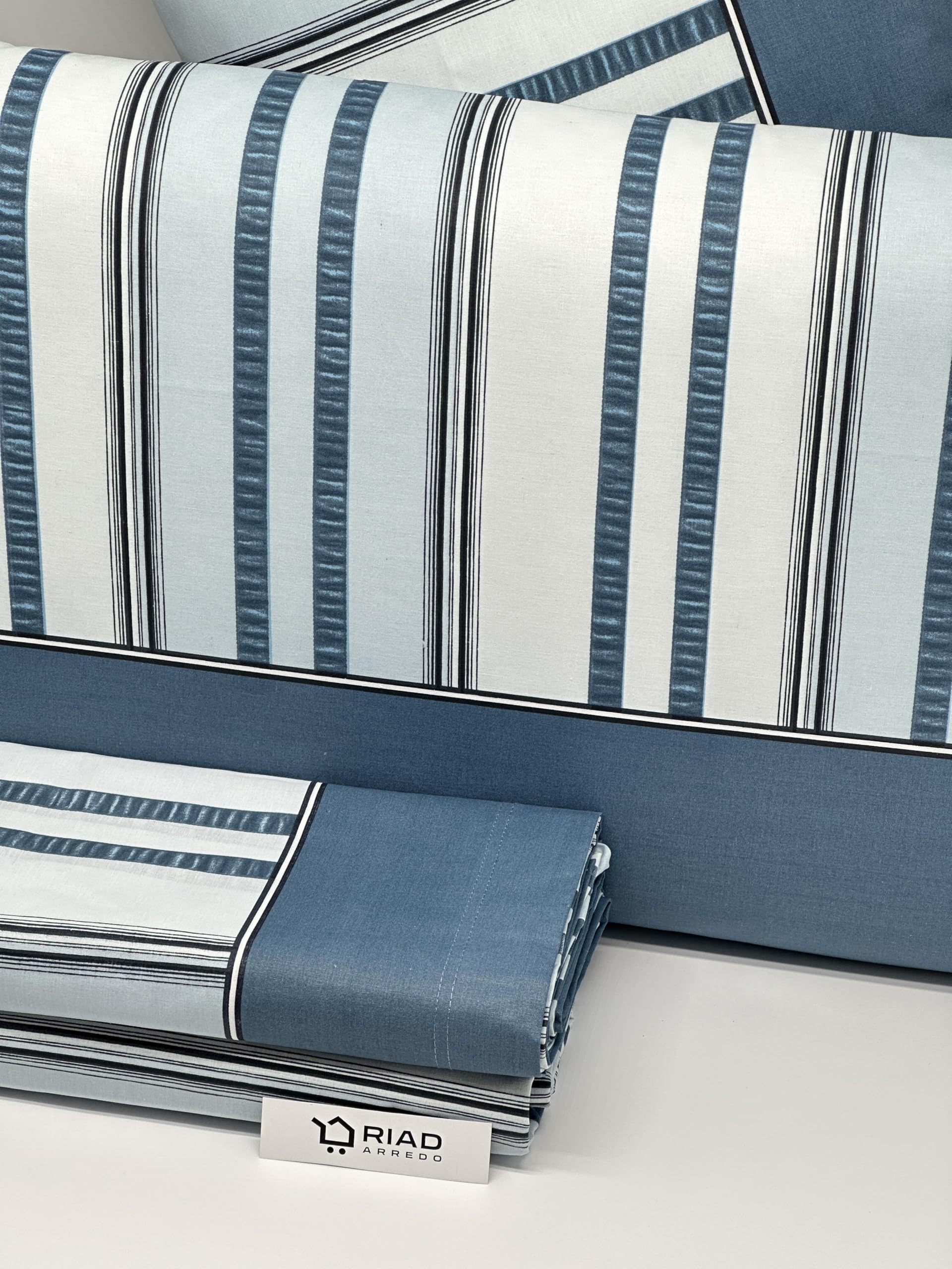 Set Lenzuola Matrimoniali Percalle 100% Cotone - Completo Blu Geometrico, Morbido E Setoso - Foto 9