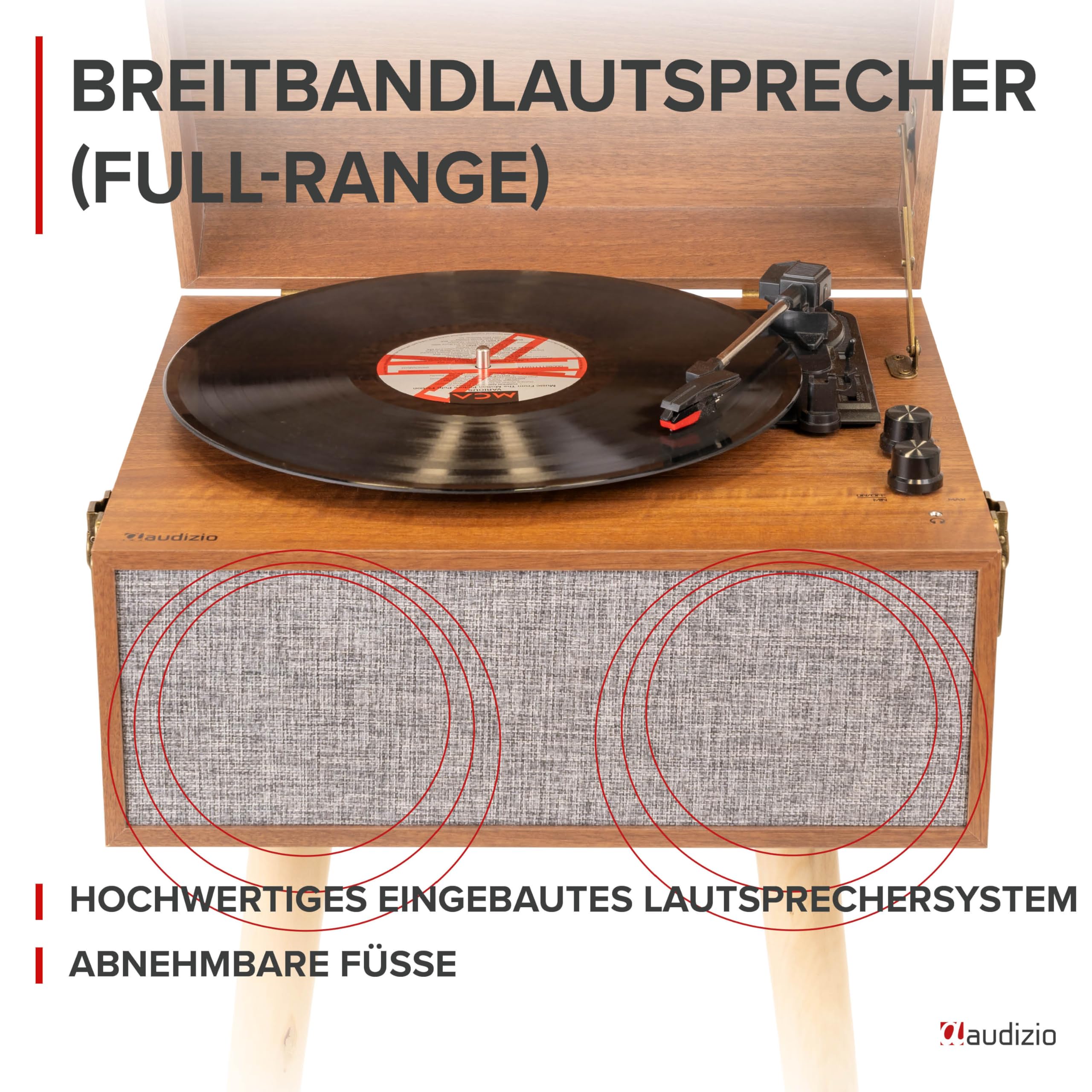 Audizio Fremont Schallplattenspieler Retro Plattenspieler Bluetooth Transmitter & Receiver, Tisch Plattenspieler mit Lautsprecher, Retro Vinyl Player für Schallplatten, Holz