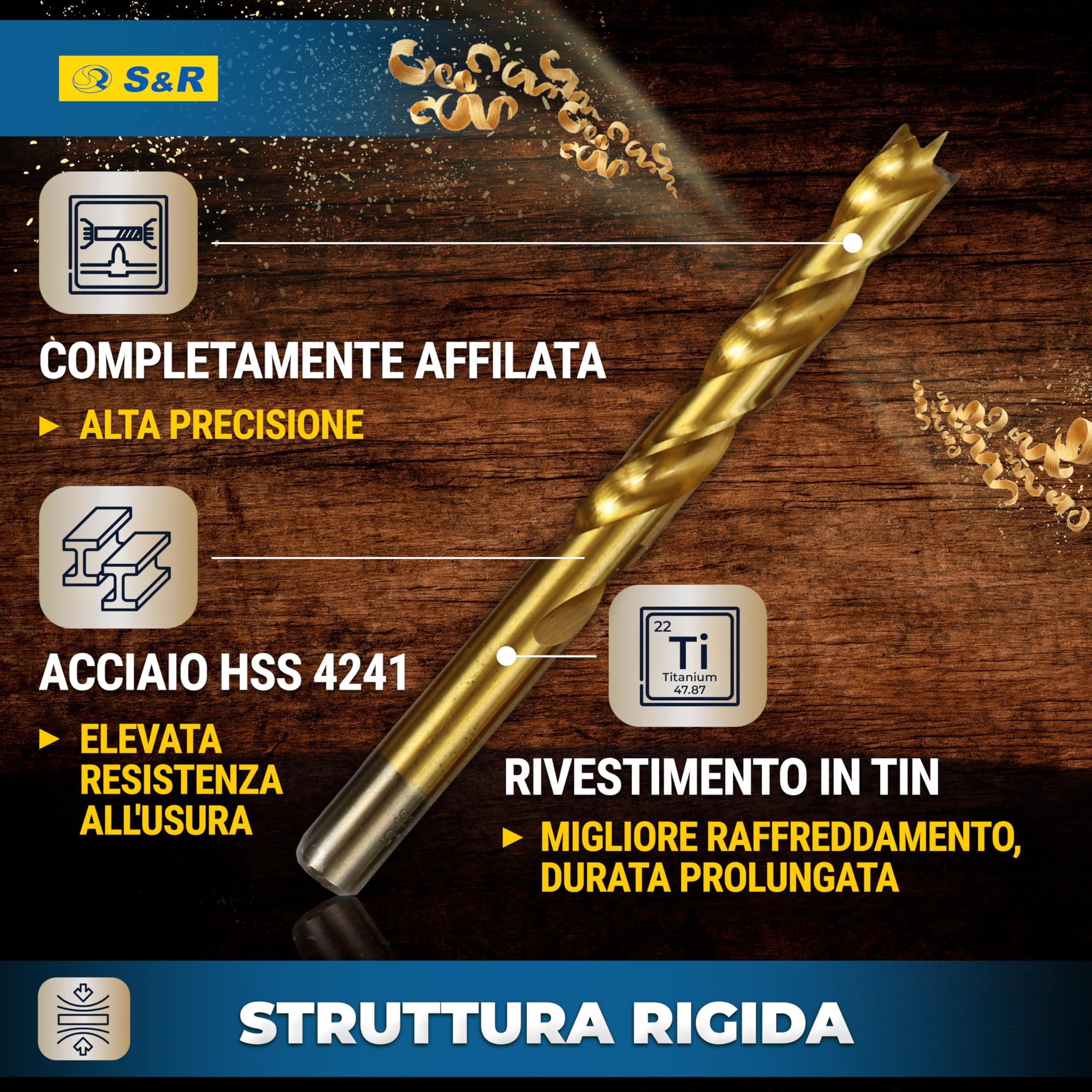 S&R Set 25 Punte Trapano Legno da 1 a 13 mm. Punte in Acciaio HSS 4241, Rivestimento Tin, per Fori Tondi Precisi. Accatto Cilindrico. Per Legno Massiccio, Lamellare, Truciolare con Scatola di Metallo.