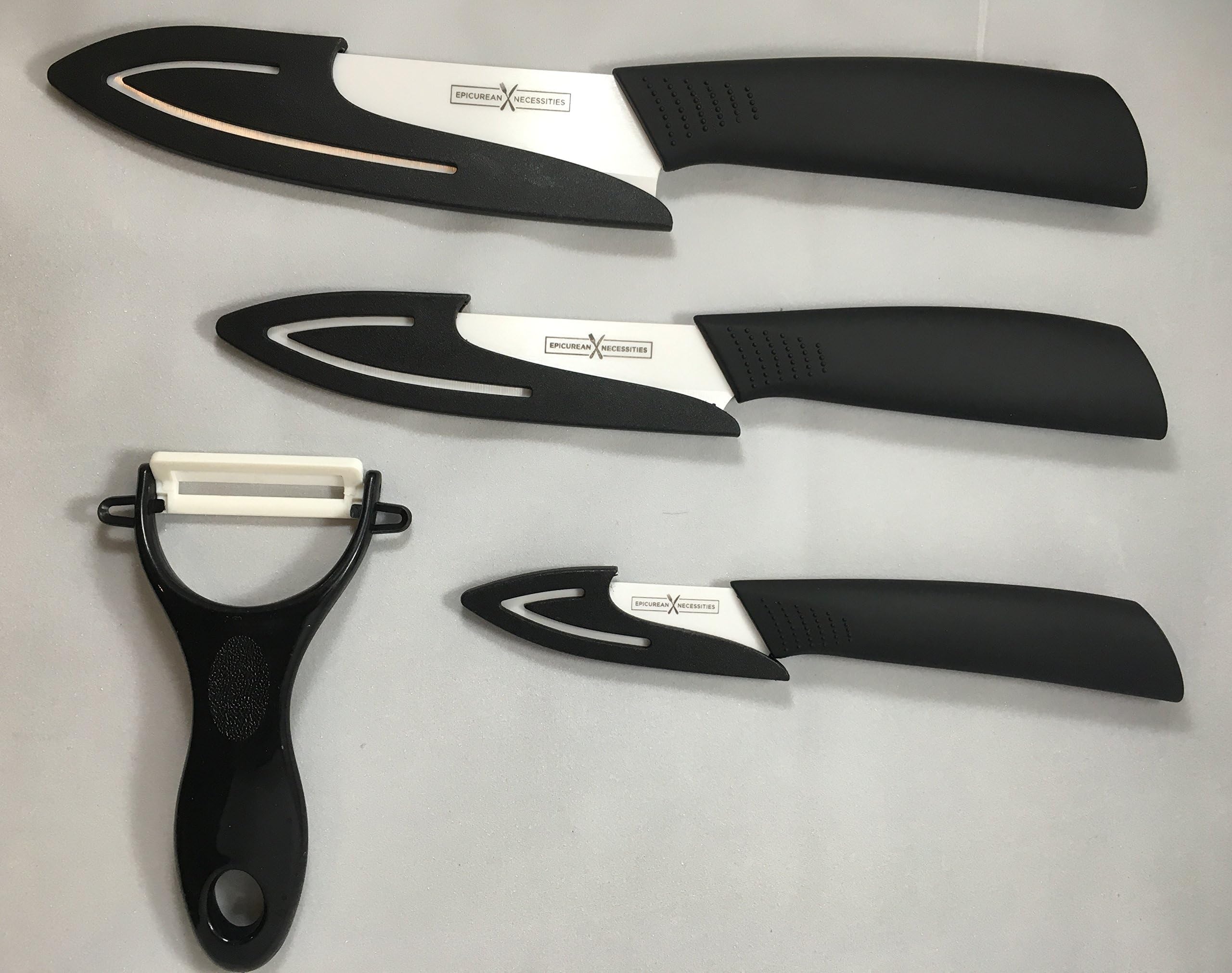 Ceramic Knife Set 7 pieces. 6"Chef, 5"Utility, 3"Paring w/Sheaths + Peeler in a Deluxe Gift Box