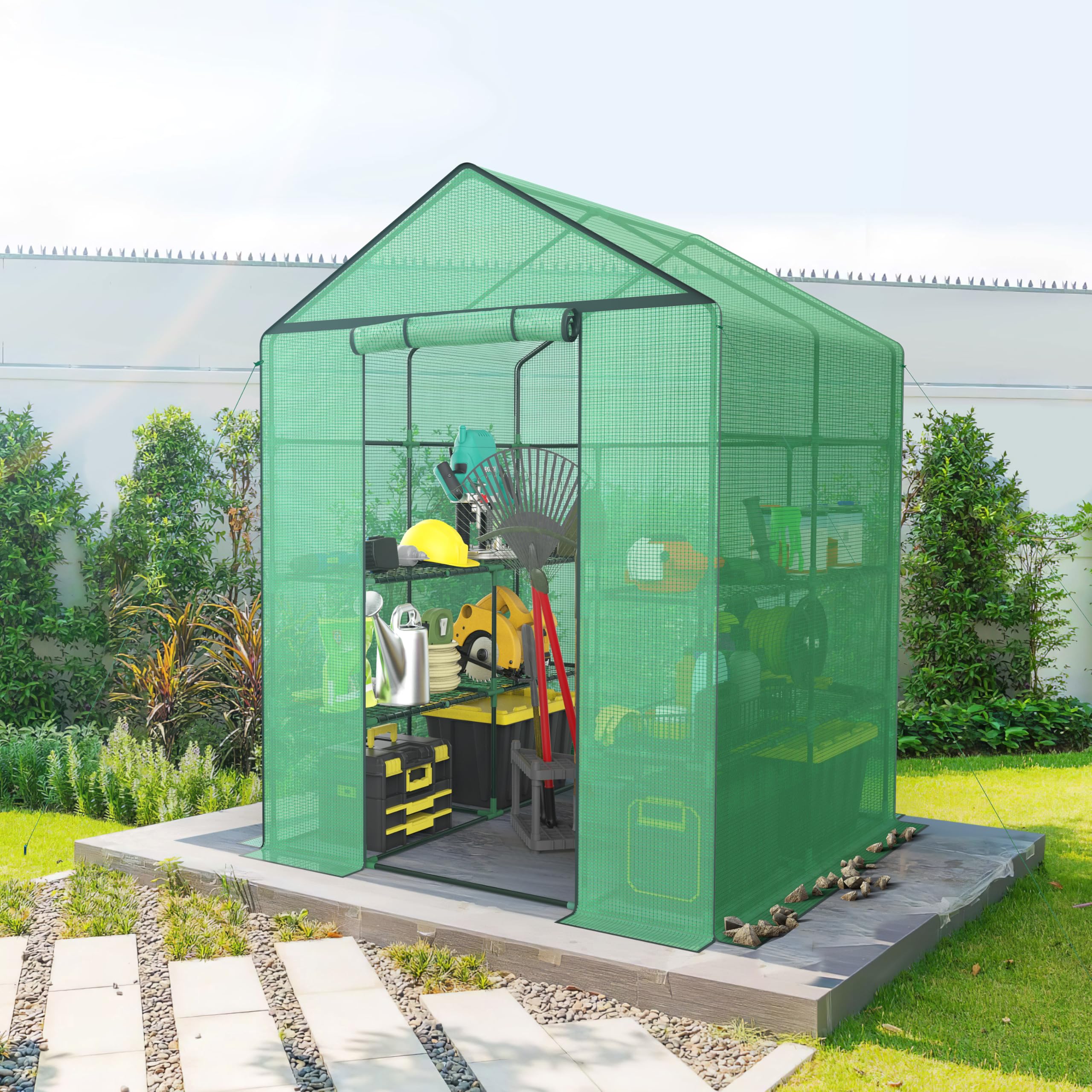Ribelli Invernadero de plástico con Puerta Enrollable, 143 x 195 x 143 cm, 4 estantes, Resistente al Invierno, lámina de Polietileno, cobertizo de jardín para Plantas, Verduras, Flores, Verde