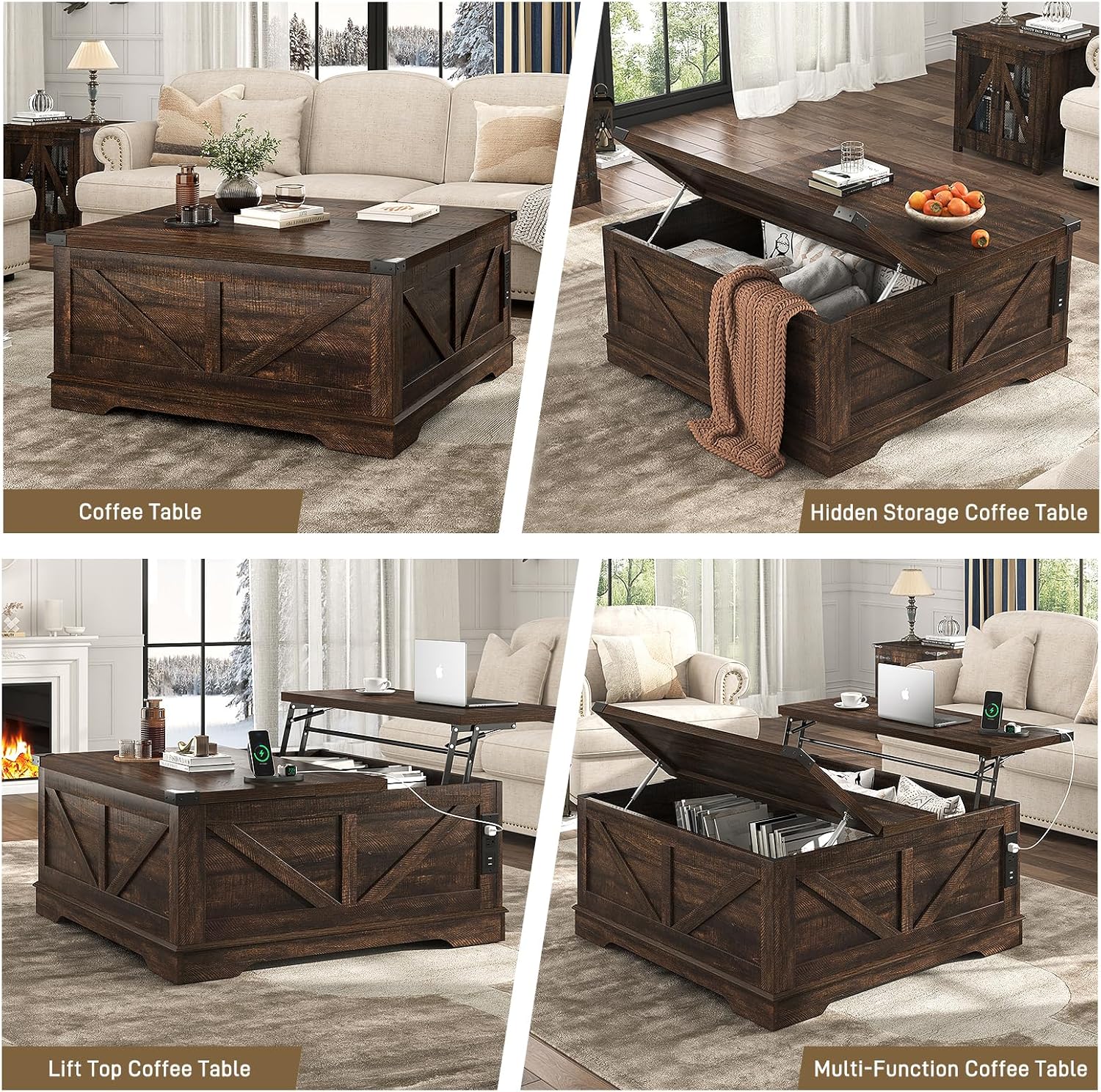 Four images showing the coffee table in different configurations: as a standard coffee table, with hidden storage open, with lift-top raised, and as a multi-function table.