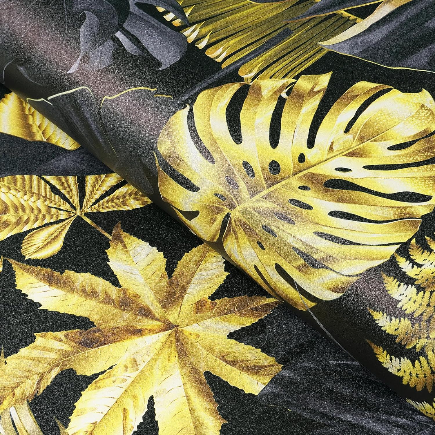 FunStick 44.5CM×9M Papel Pintado Hojas de Palma Papel Pintado Pared Autoadhesivo Hojas Oro Negro Vinilos Adhesivos Decorativos Muebles Hoja Dorado Vinilo Pared Autoadhesivo Cocina Habitacion Negro