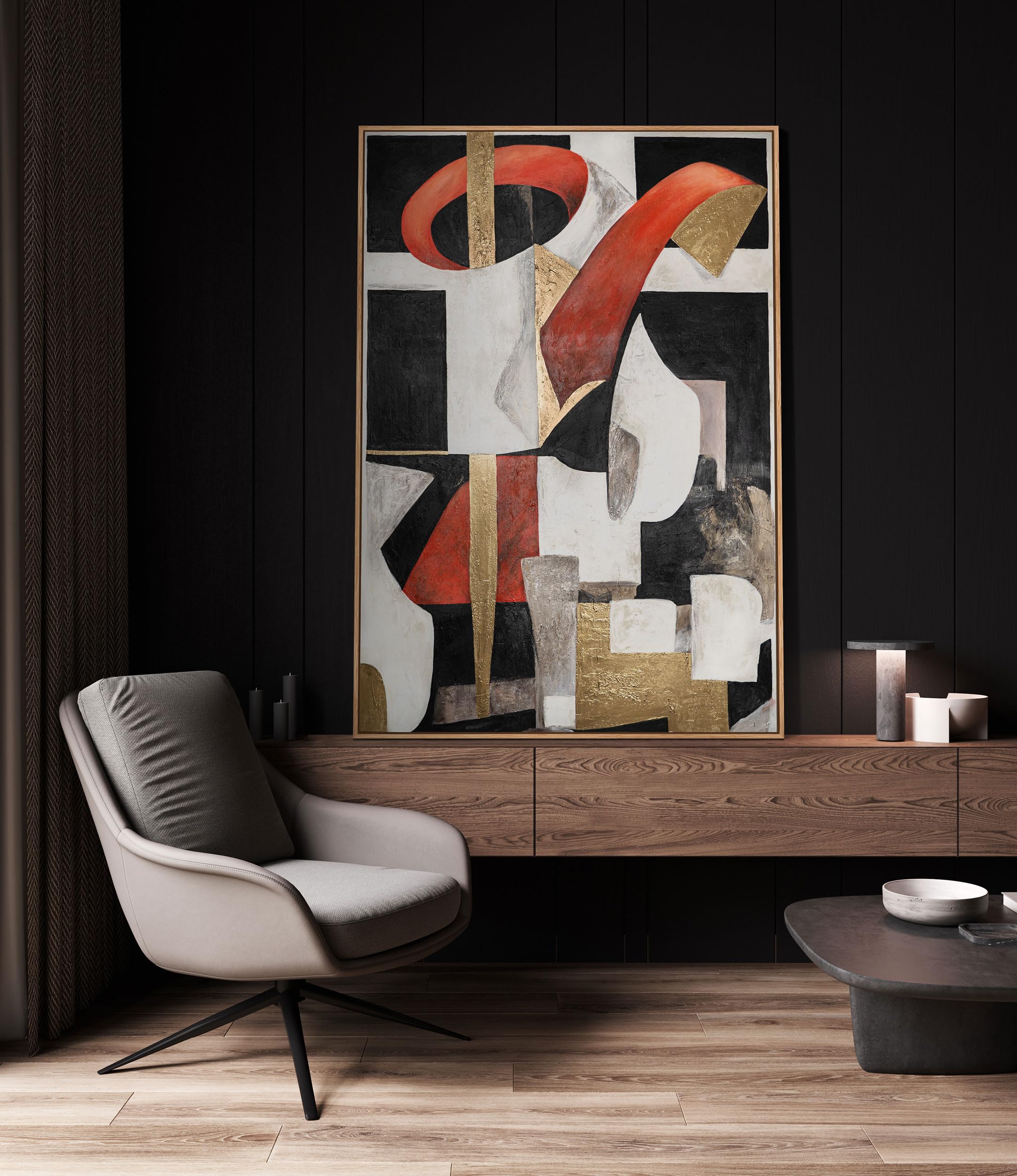 YS-Art Luxus Abstrakt Acryl Gemälde auf Leinwand grafischer Rhythmus handgemalt Wandbild Wohnzimmer modernes Wohndekor Bilder Kunstwerk 120x80 cm