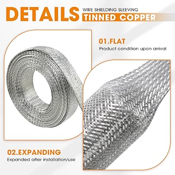 Tinned Copper Wire Shielding Sleeve, Expandable Ground Strap Wiring Braided Sleeving Metal Mesh Sheathing Cabling Wiring Protector (5/8inch - 25ft)