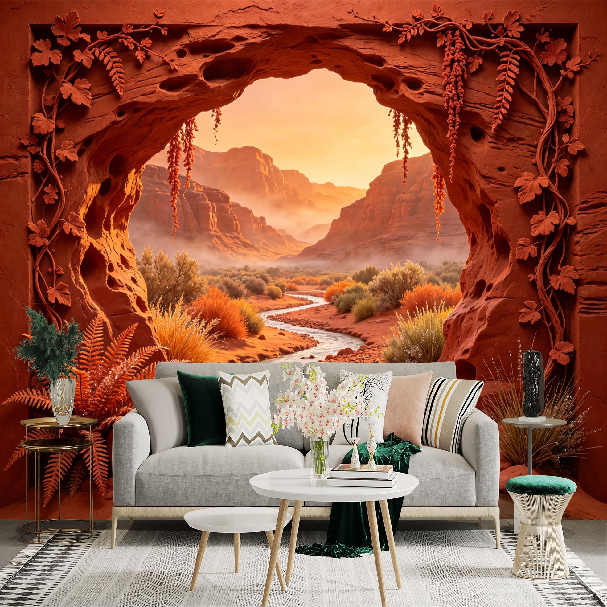 Custom Size Wall Sticker Mural， Desert Canyon with River， Red Rocks and Sunset Landscape， for wall Decoration， peelandstick wall Decals.