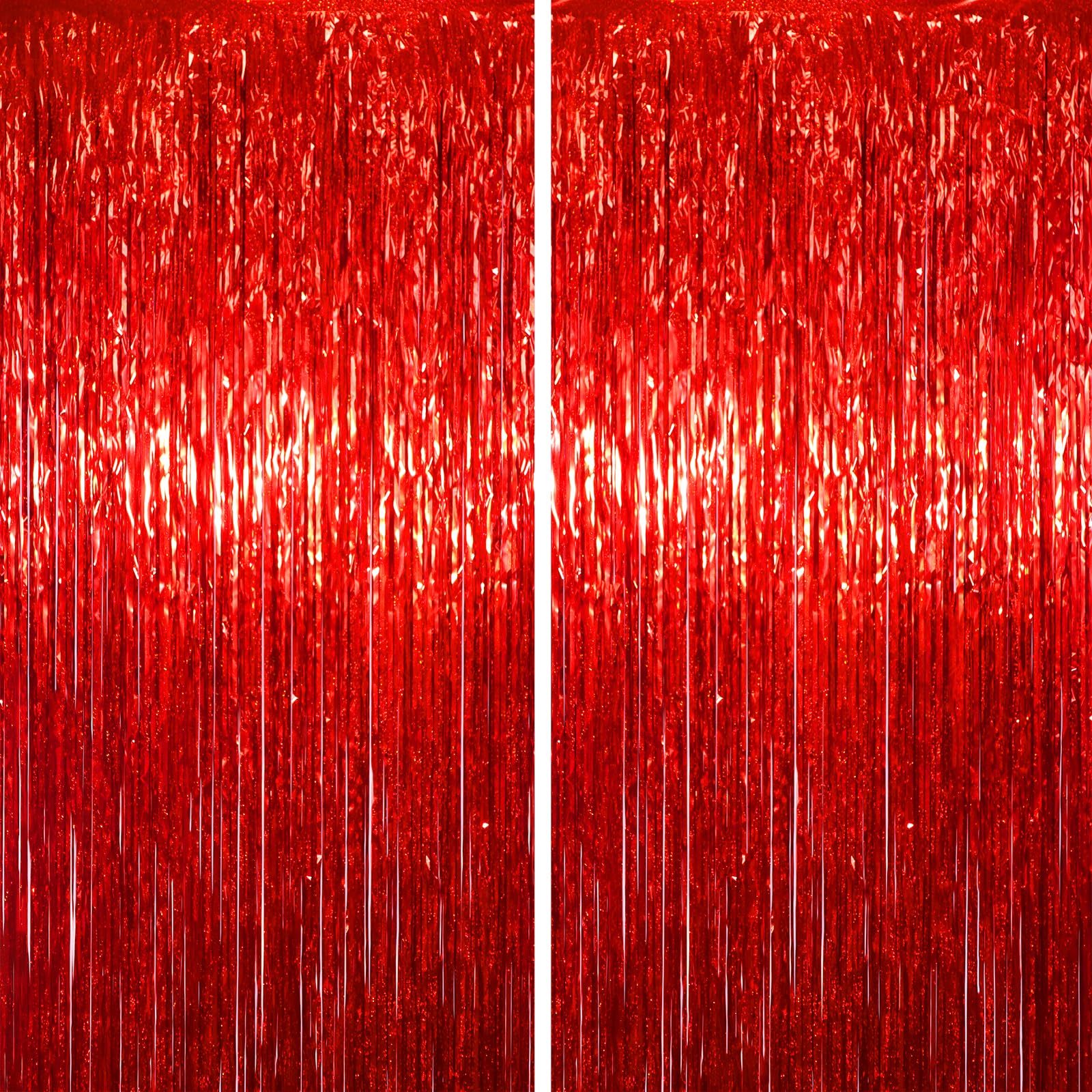 Voircoloria 2 Pack Laser Red Foil Fringe Backdrop Curtains, 3.3x8.2 Feet