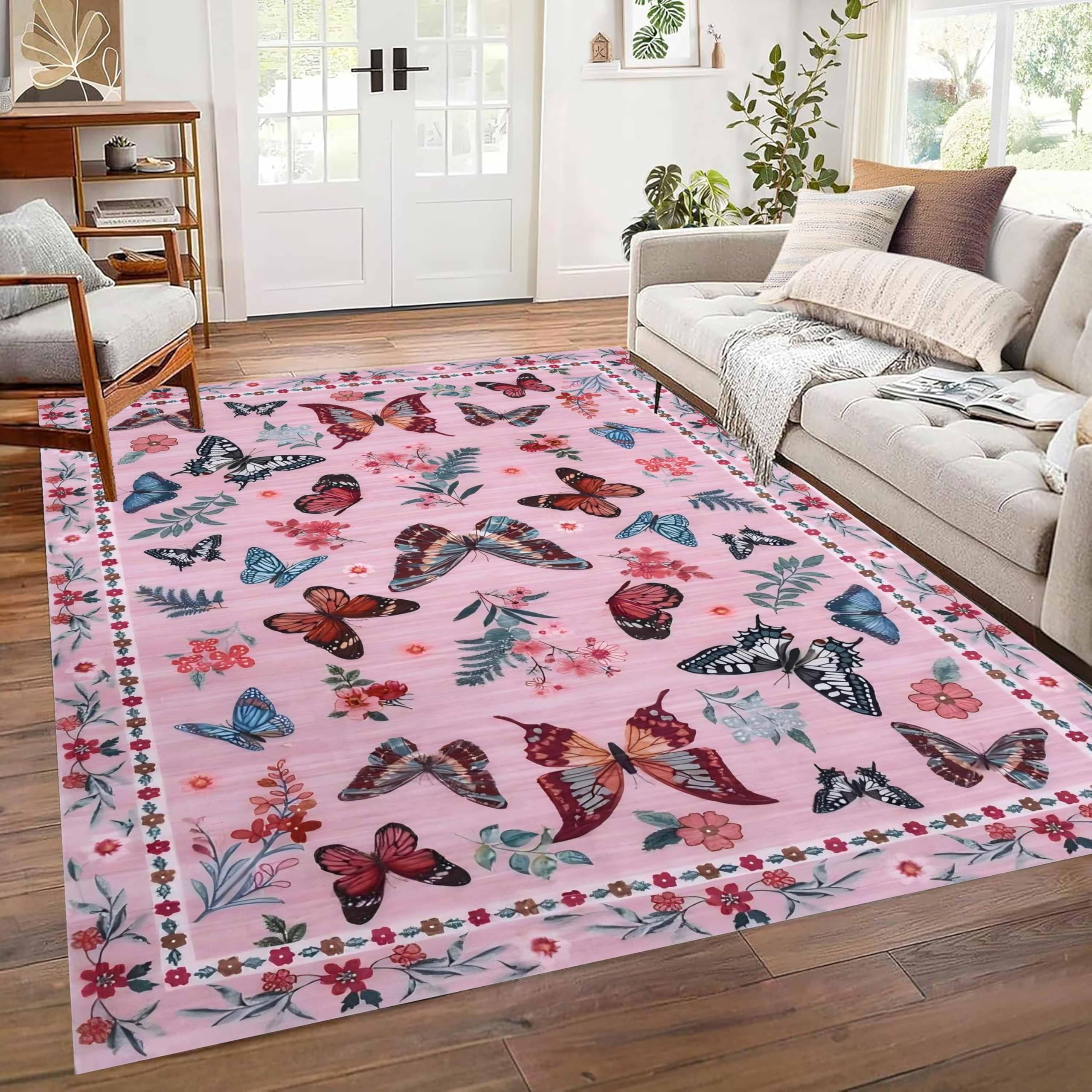 Butterfly Flower Print Rug, 180x230cm Bohemian Vintage Floral Leaf Fashionable Girl's Bedroom Beautiful Rug, Soft Non-Slip Washable Floor Mat, Cute Pink Carpet for Living Room Bedroom Home Decor