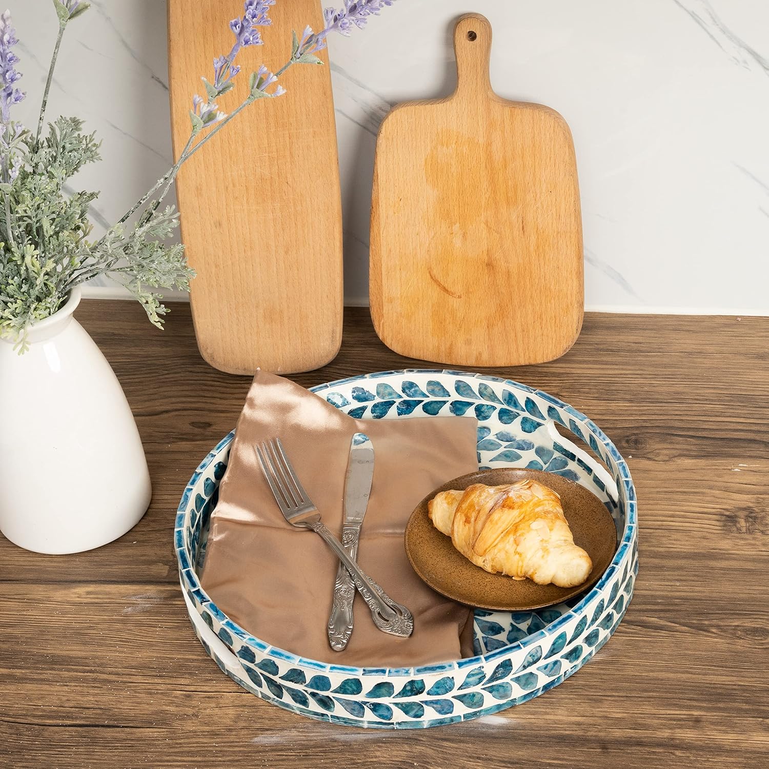 CLAYNIX Serving Tray 12.5 Inch, Lacquer Mother of Pearl Inlay Mosaic Tray, Round Wooden Marble Tray with Handles Trays for Tea, Breakfast (Leaf Style) - Image 5