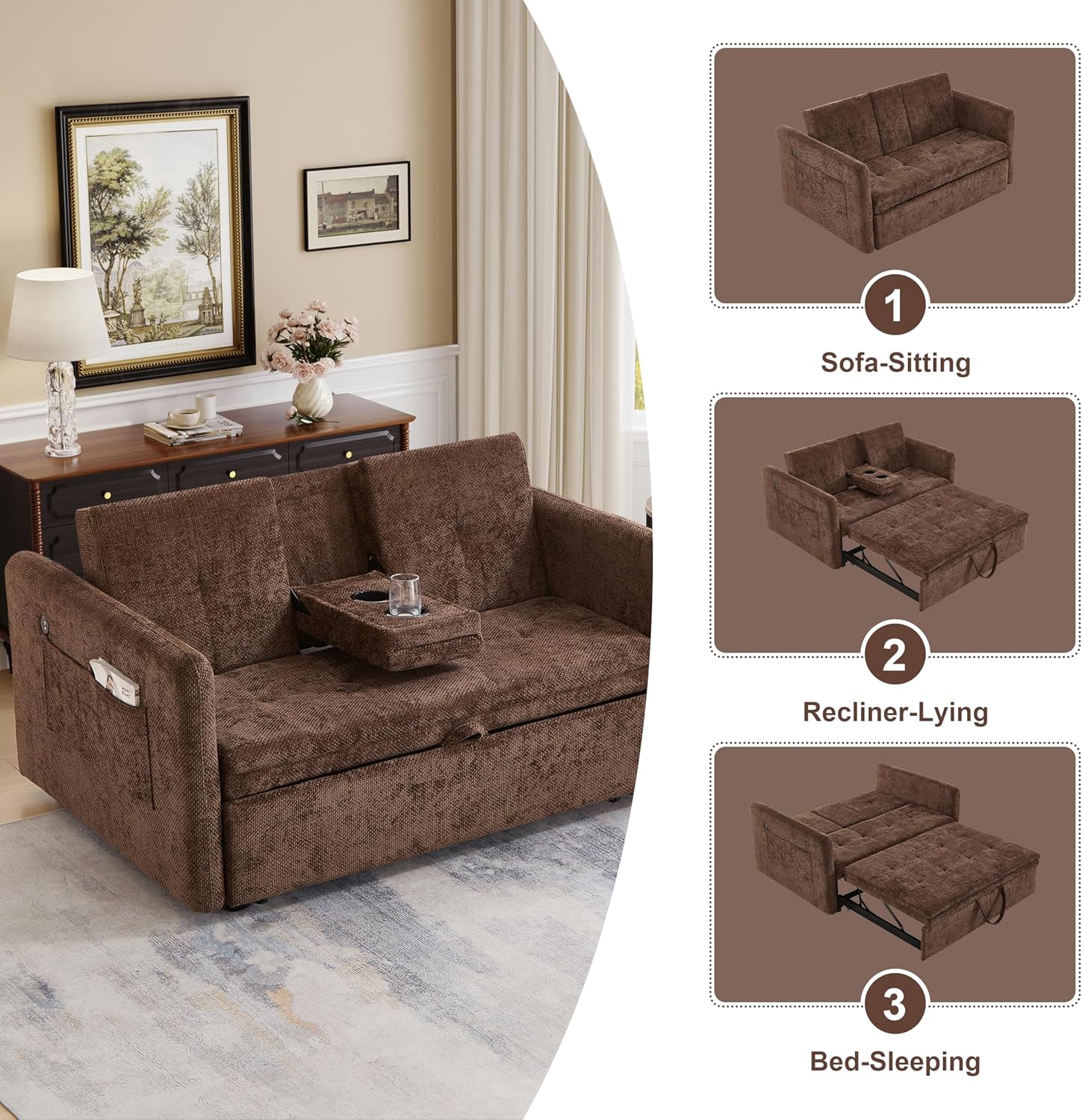 57.48" Convertible Sofa Bed with Cup Holder, Pull Out Sleeper Sofa Bed with USB Charging Ports, 3 in 1 Convertible Sleeper Sofa Bed for Living Room, Apartment, Bedroom, RV, Brown