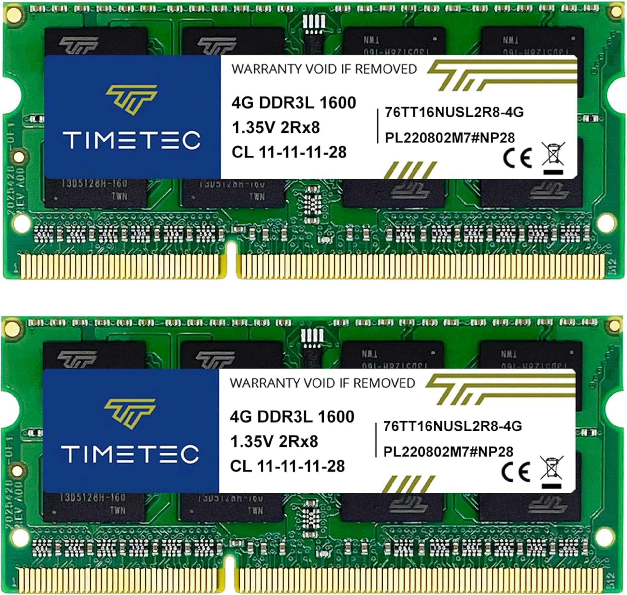 Timetec 8GB KIT(2x4GB) DDR3L / DDR3 1600MHz PC3L-12800 / PC3-12800 Non-ECC Unbuffered 1.35V / 1.5V CL11 1Rx8 Single Rank 204 Pin SODIMM Laptop Notebook PC Computer Memory RAM Module Upgrade