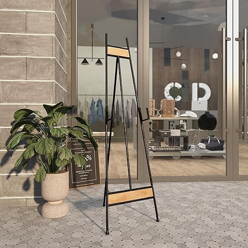 Miniatura 9 de Deco 79 Caballete de exhibición ajustable de pie grande de metal con soporte de cadena y detalles de madera, 16 x 19 x 52 pulgadas, negro