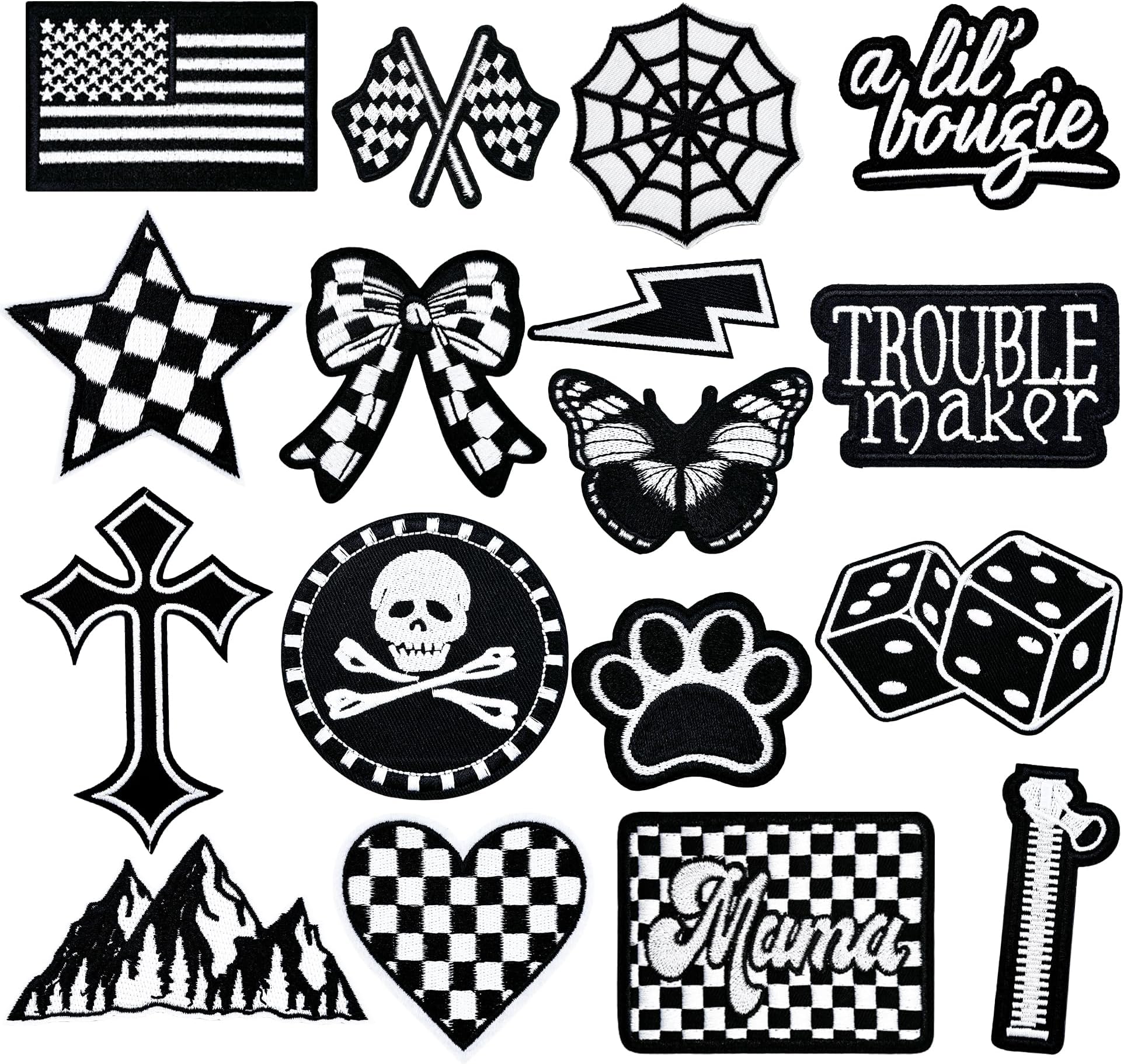 Black and White Iron On Patches for Jeans 16PCS Embroidered Appliques for Jackets Bags,Backpacks,Jeans,Cross,DIY Patch Kit