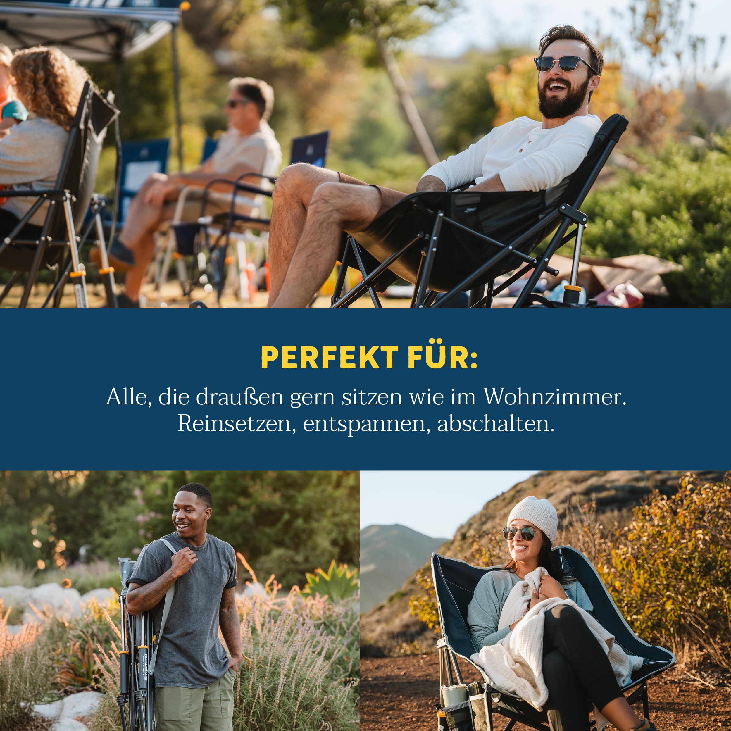GCI Outdoor – Pod Rocker – Faltbarer Campingstuhl mit patentierter Schaukelfunktion – Relax-Sitzpositionmit breiter Sitzschale – bis 130 kg belastbar – Klappbar, Getränke- & Handyhalter – Charcoal