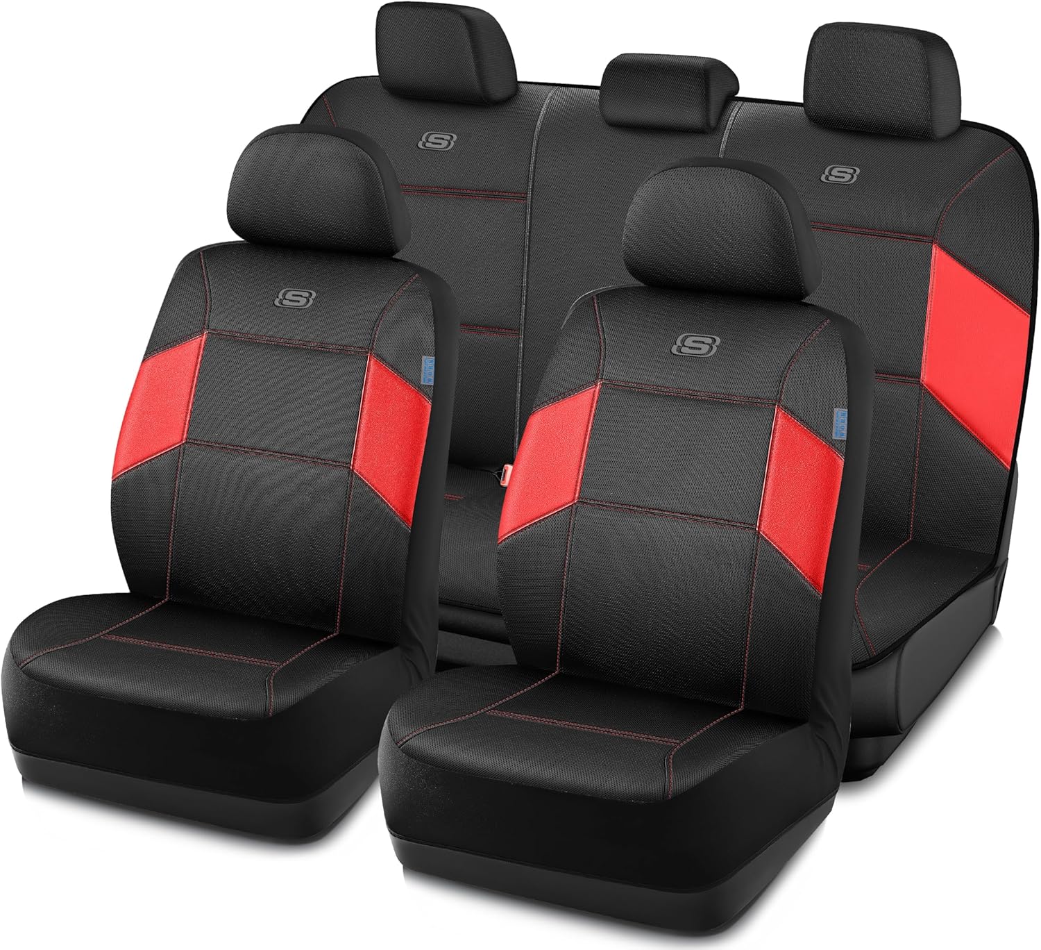 Skechers Work Car Seat Covers, 5-Times Stronger Built-in Webbing Seat Cover Full Set, Mesh Fabric Seat Cover for Car, Airbag Compatible, Automotive Comfort for Most Cars, Trucks, SUVs (Red,Full Set) Full Set Black&Red