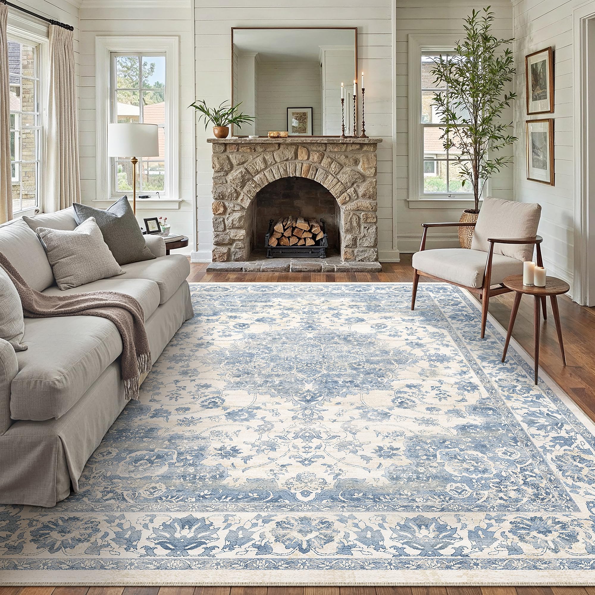 PureCozy Living Room Area Blue Rug, 200x300cm Machine Washable Non Slip Vintage Traditional Large for Bedroom Dining Room Office, Stain Resistant Thin Printed Carpet for Indoor Home Decor — image 1