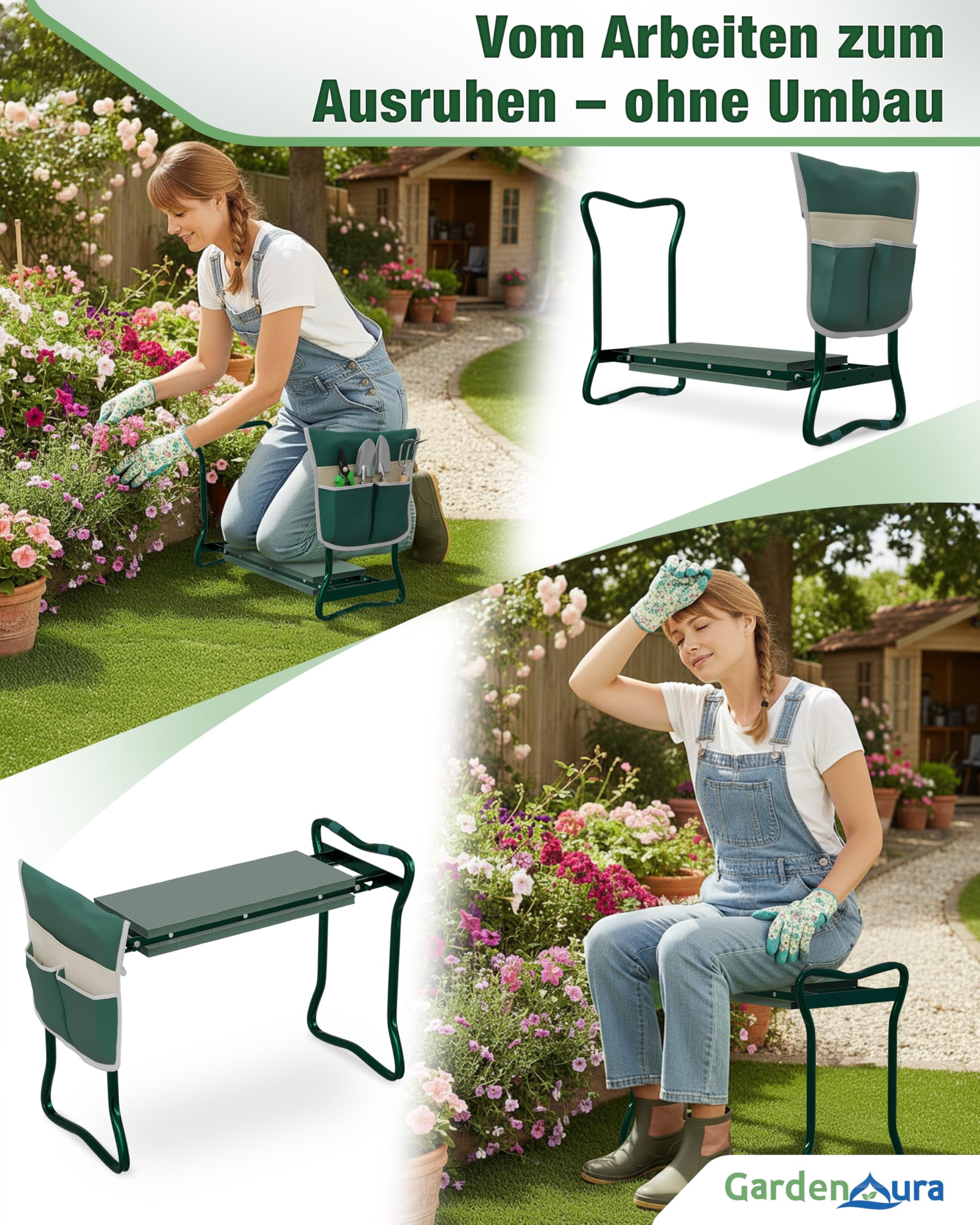 Reposarodillas para jardinería – Taburete de jardín con bolsa de herramientas – Banco de jardín – Banco de rodillas de jardín respetuoso con la espalda y las articulaciones, soporta hasta