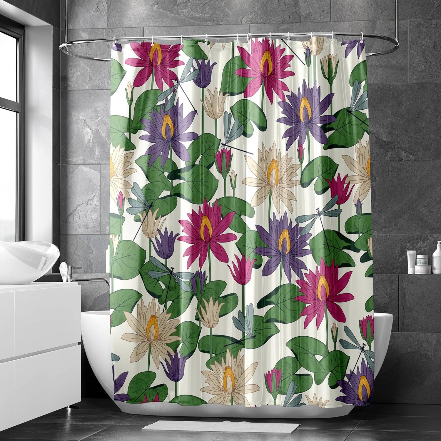 Fabric Shower Curtain with Design | Machine Washable Waterproof Fabric Works as Shower Curtain, Inner Liner, or Both (Lotus Tricolor, 72" L x 72" W)