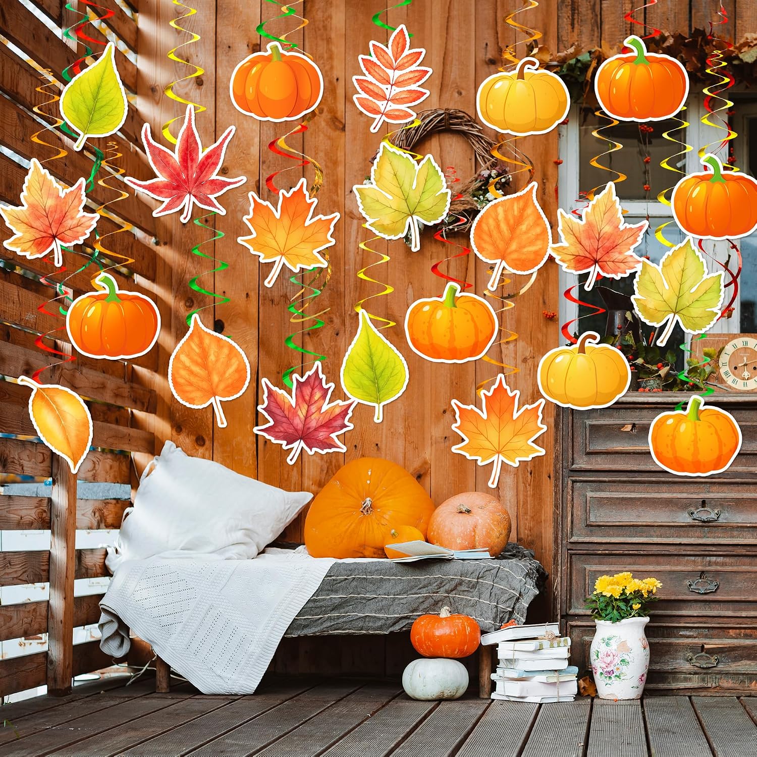 34Pcs Fall Decorations Pumpkin Maple Leaf Hanging Swirls for Home Office