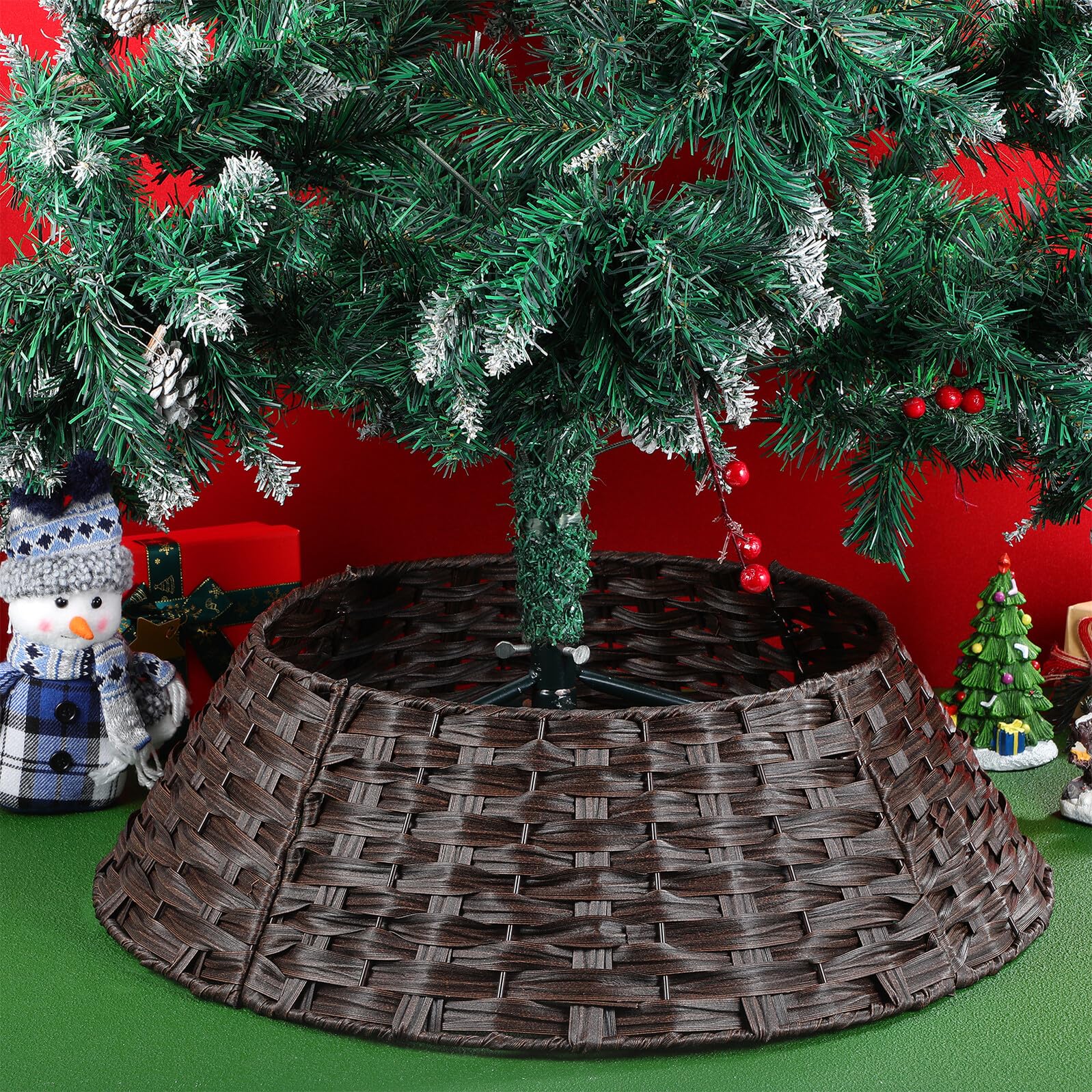 POPETPOP Falda para Árbol de Navidad Pequeña en Color Café Cubierta de Base para Árbol Artificial Diseño Rústico de Ratán Decoración Navideña Reutilizable para Hogar y Fiestas
