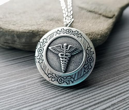 Miniatura 2 de Handmade Antique Silver Caduceus Medical Symbol Locket Necklace