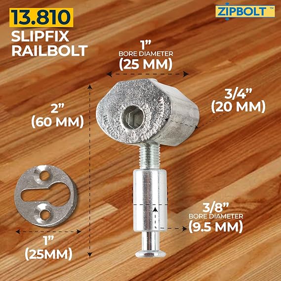 Zipbolt Slipfix Rail Bolt 13.810, Metallic, 1 Double Pack with Wood Plugs