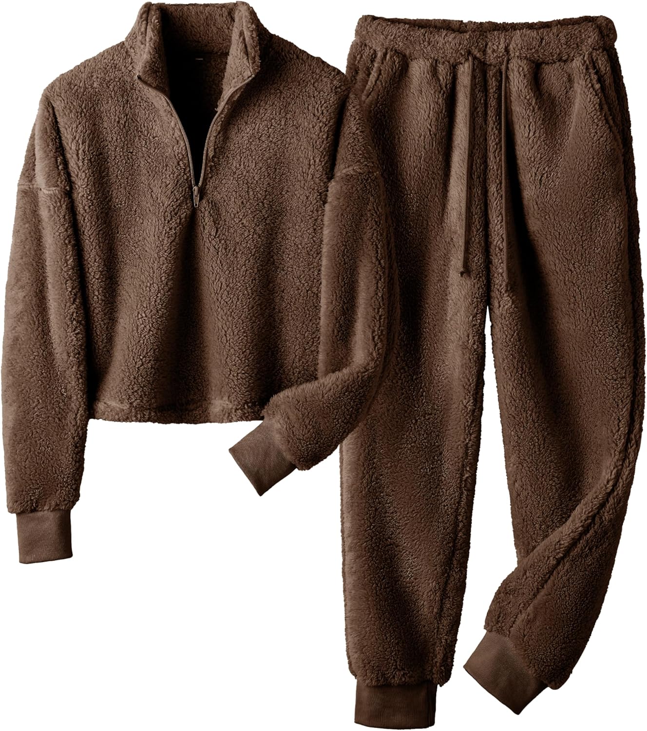 LTSCNRM Womens Winter Fleece Pajama Set Cozy 2 Piece Zip-Up Top & Lounge Pants Fluffy Warm Sleepwear with Pockets