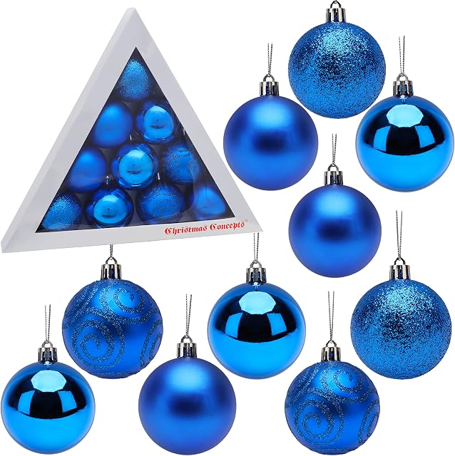 Christmas Concepts® Pack of 10-60mm Christmas Tree Baubles - Shiny, Matte & Glitter Decorated Baubles (Royal Blue)