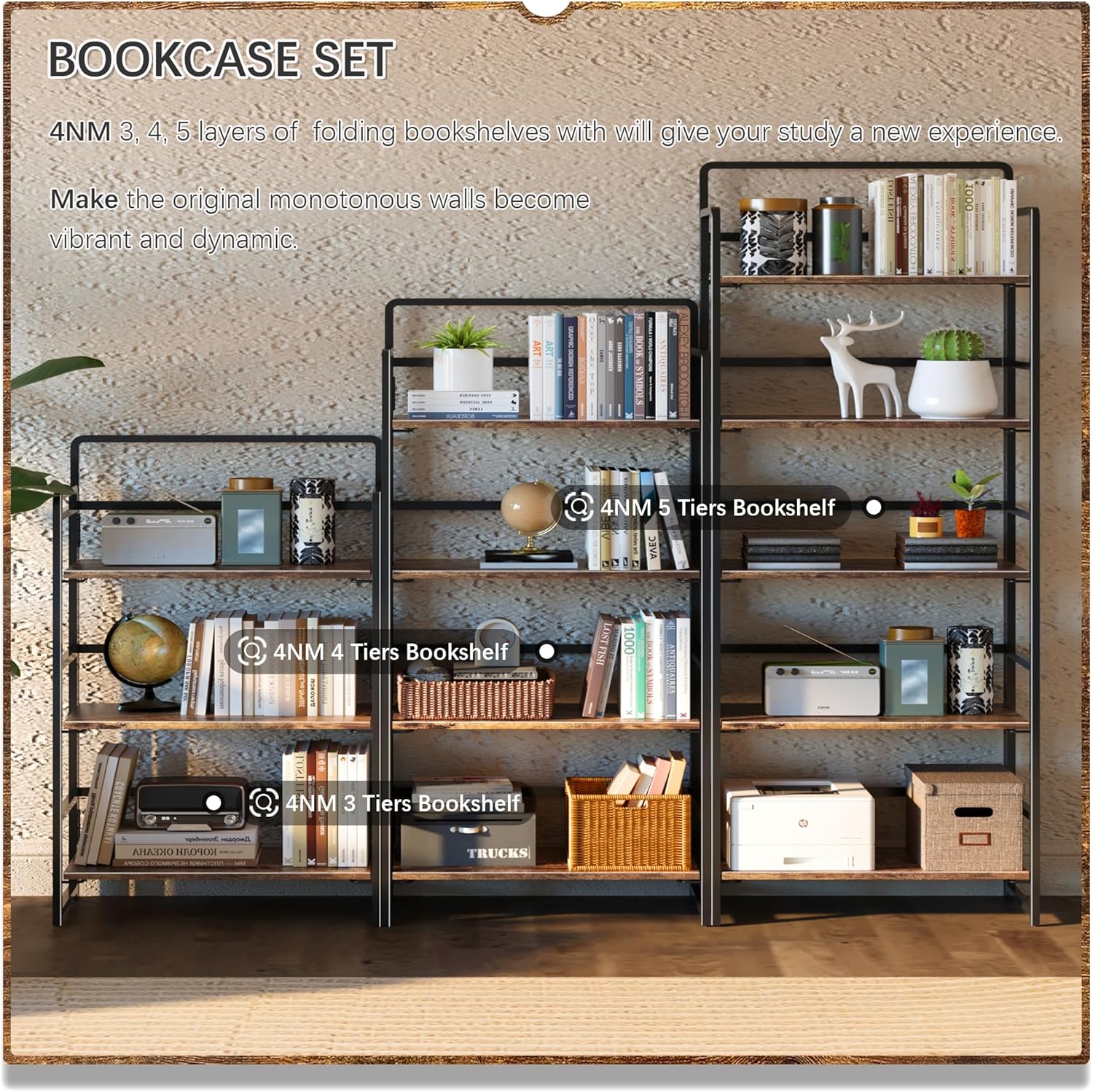 4NM No Assembly 5 Tiers Folding Bookshelf Storage Shelves Vintage Bookcase Standing Racks Study Organizer Home Office (Rustic Brown Black)