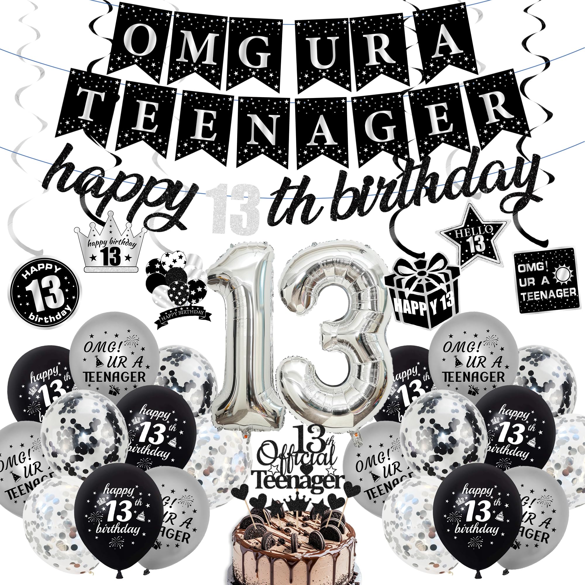 13th Birthday Decorations Boy Set - 32 Pcs Black Official Teenager Decorations Including OMG URA TEENAGER Banner, Number 13 Balloon, Hanging Swirls and Latex Balloons for 13 Years Old Party Supplies โ image 1