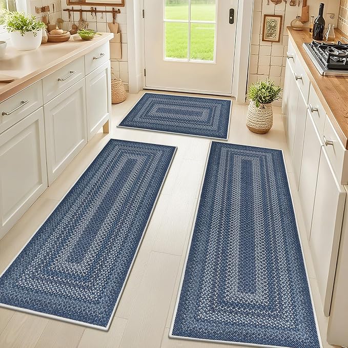 HEBE Washable Kitchen Rugs Sets of 3, Non Slip Absorbent Kitchen Rugs and Mats, Farmhouse Stain Resistant Faux Jute Kitchen Mat Carpet Runner for Kitchen Floor, Laundry Room, Hallway, Light Grey