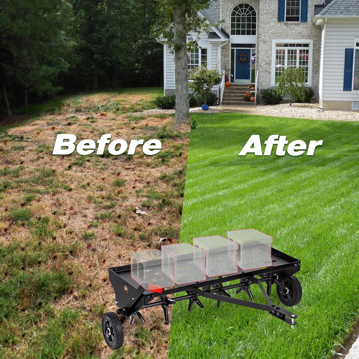 Suchtale 40-Inch Tow Behind Plug Aerator with Universal Hitch, Tow Plug Aerator with Extra-Wide Tow Bar, Durable Lawn Aerator Soil Penetrator Tractor with 24 Coring Plugs for Lawn, Farm and Garden