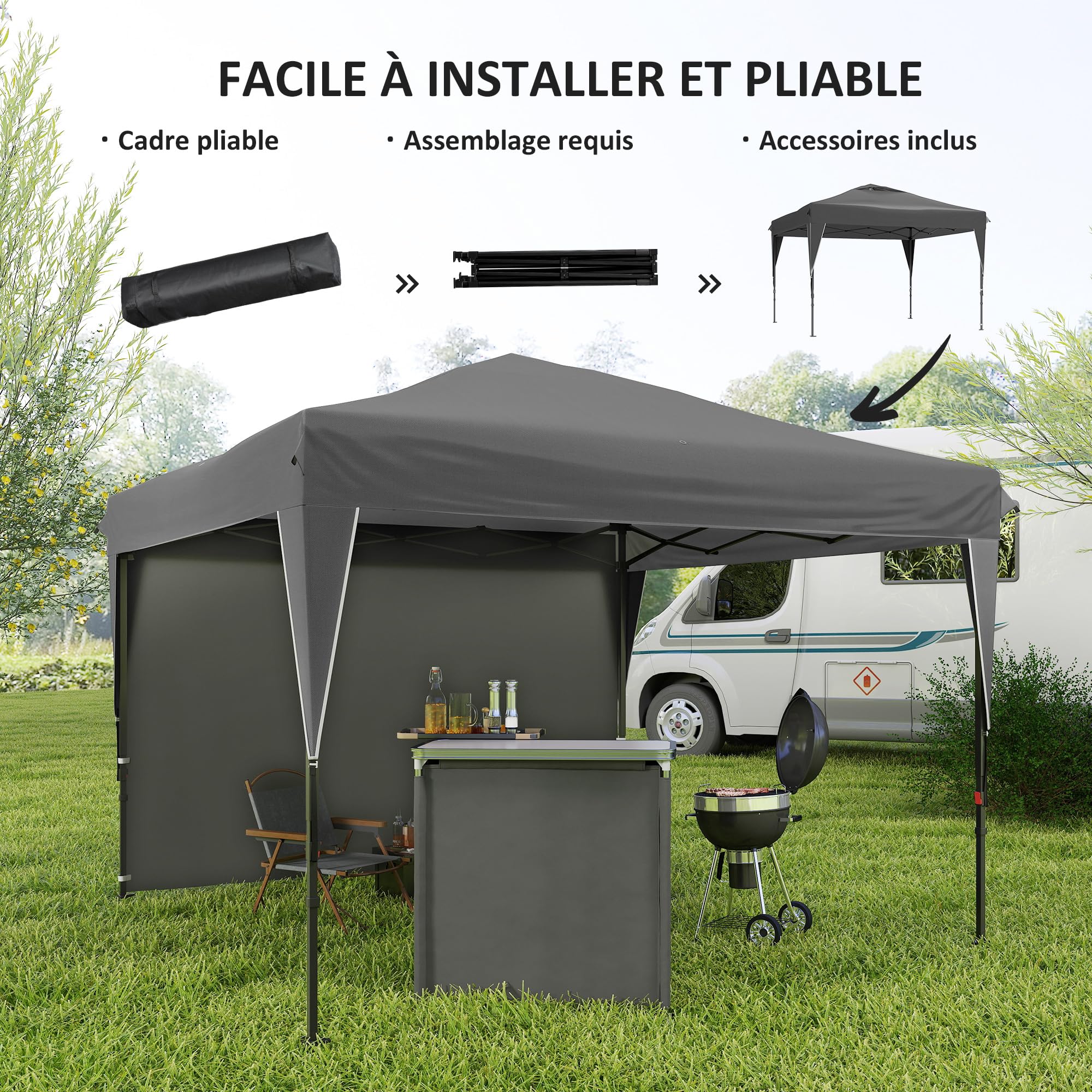 Outsunny Tonnelle Pop-Up Pliant Paroi Latérale Amovible 3x3x2,65m Gris