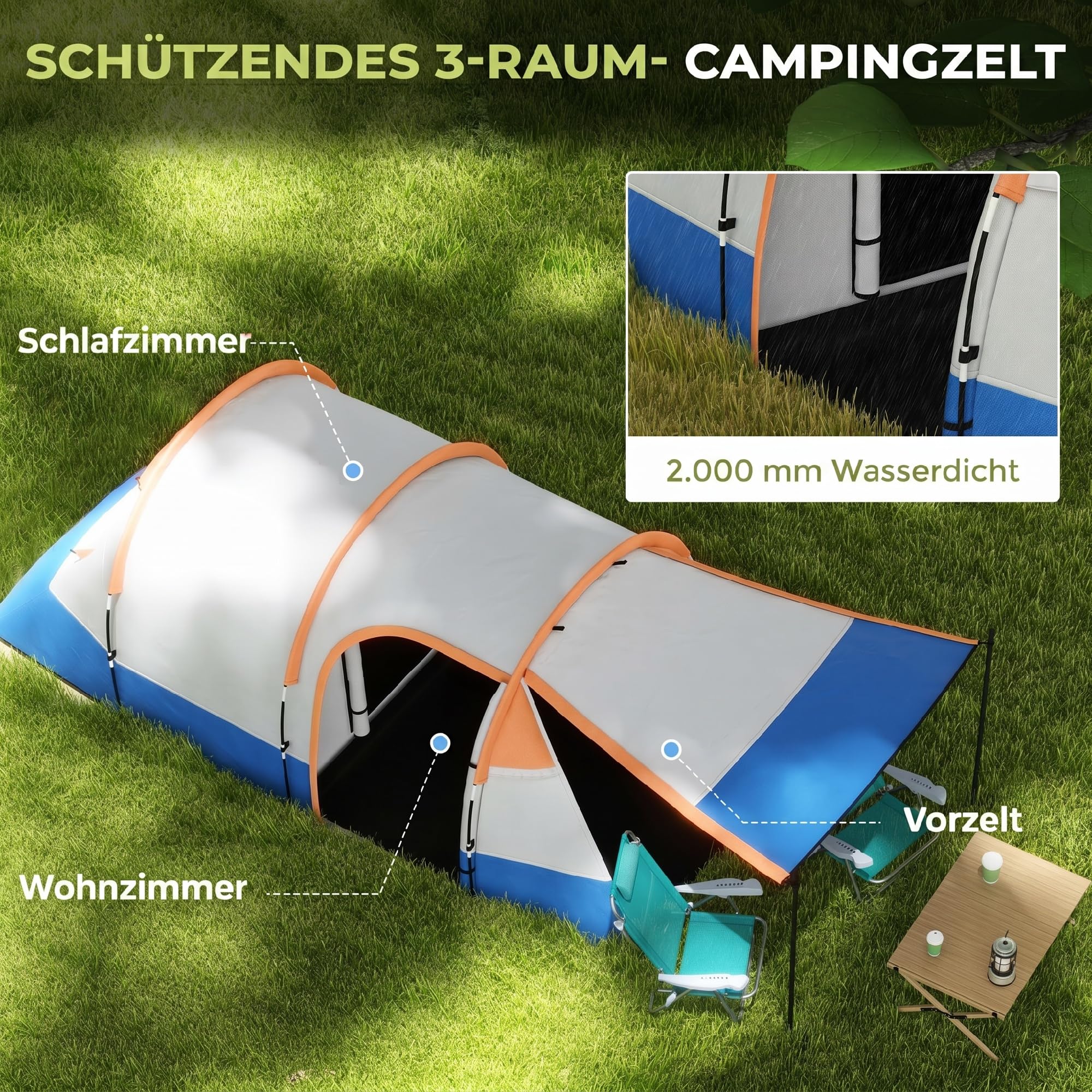Outsunny Campingzelt, Tunnelzelt für 2 Personen, mit Lichthaken, Vorzelt, 2 Räumen, groß Familienzelt mit Tragetasche, 2000mm Wasserabweisend Pop Up Zelt für Camping, Garten