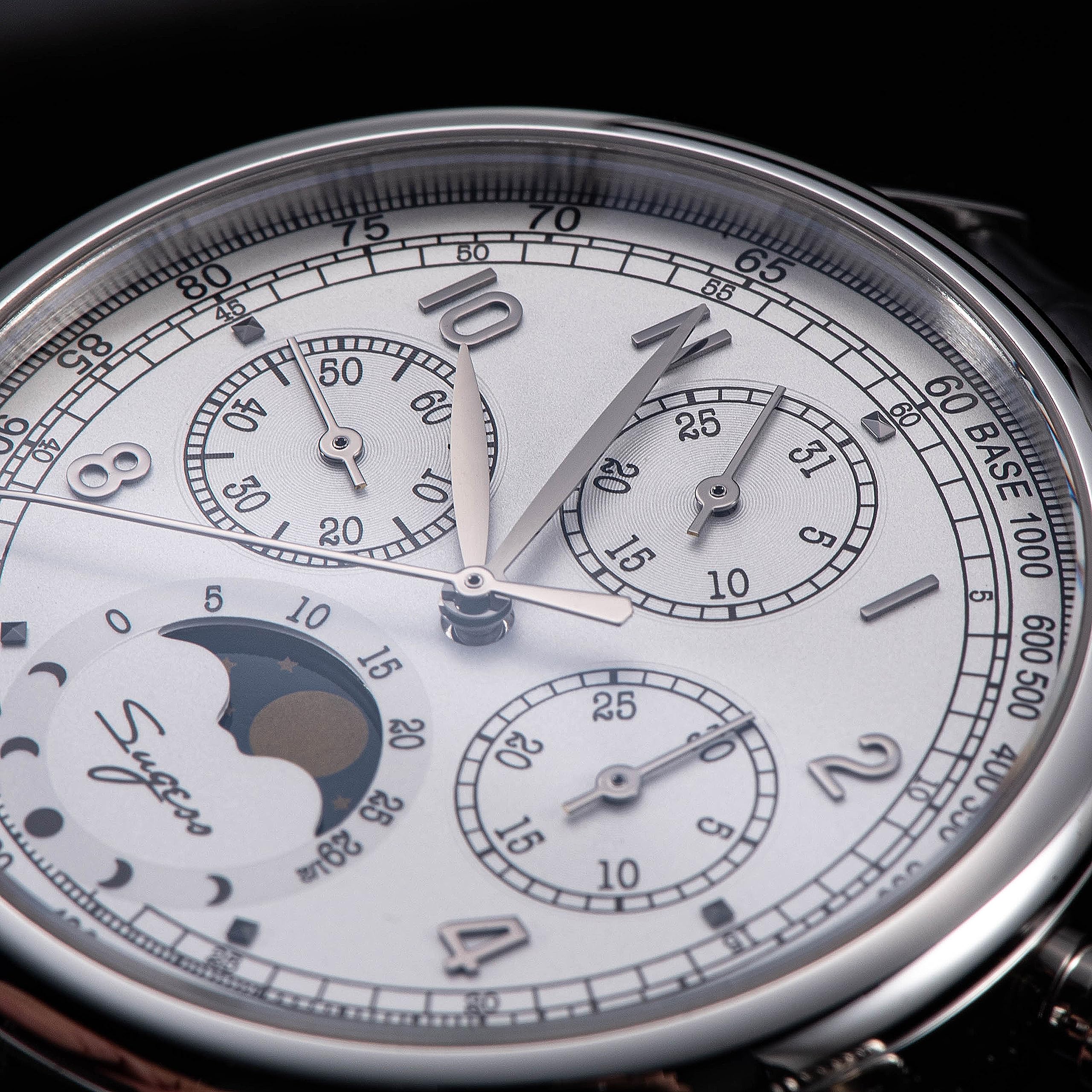 S389-2.01 MoonPhase Master Gold Schwanenhals Version Möwe ST1908 Uhrwerk Saphirglas Herren Chronograph Mechanische Herrenuhr 1963, weiß, Armband