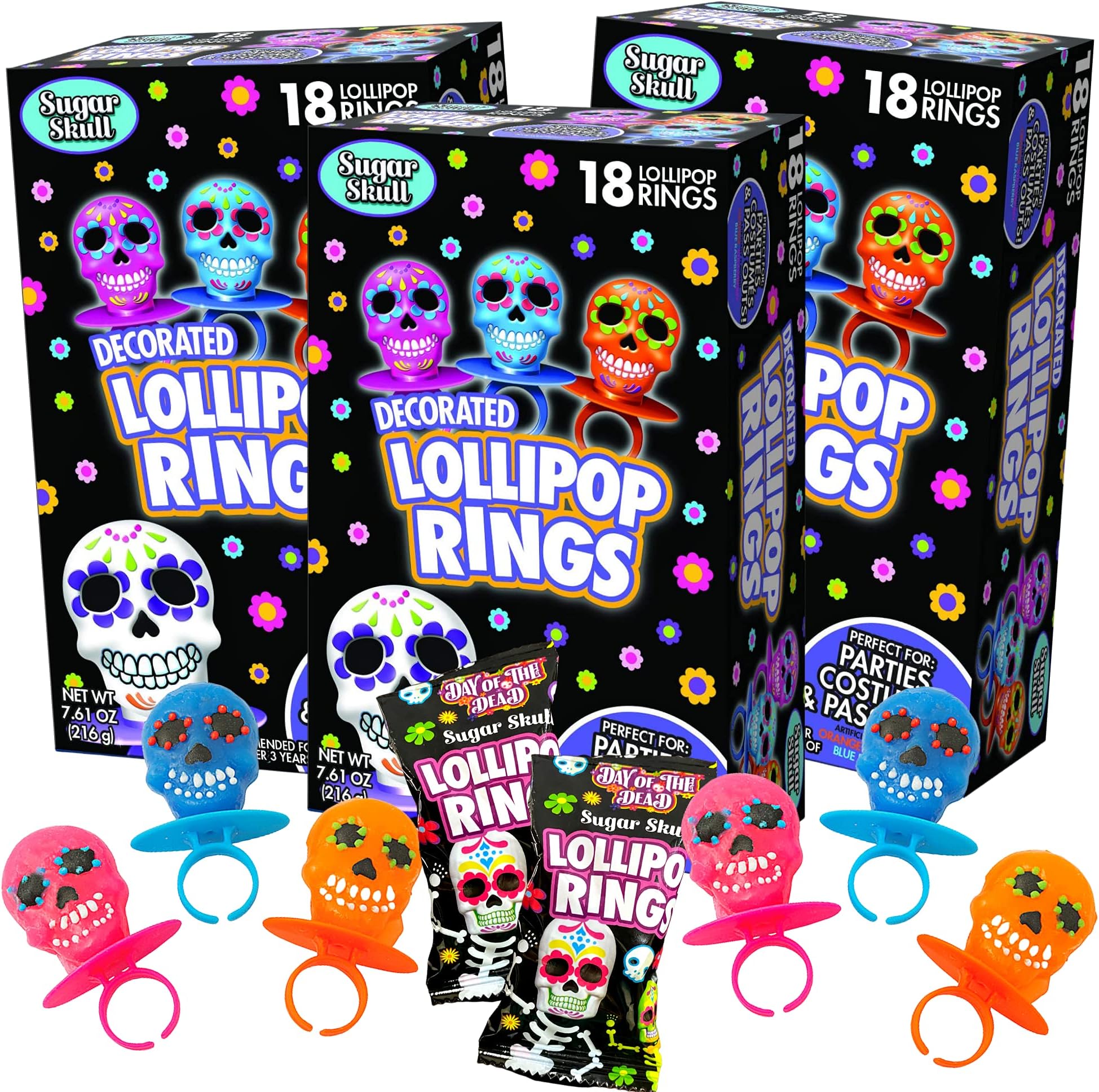 Halloween Day of the Dead Sugar Skull Lollipop Rings, Box of 18 Pack of 3