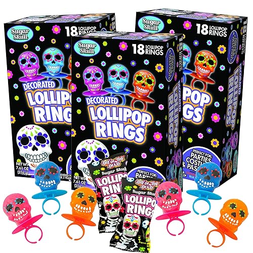 Anillos de piruleta de calavera de azúcar del Día de los Muertos de Halloween, caja de 18 paquetes de 3