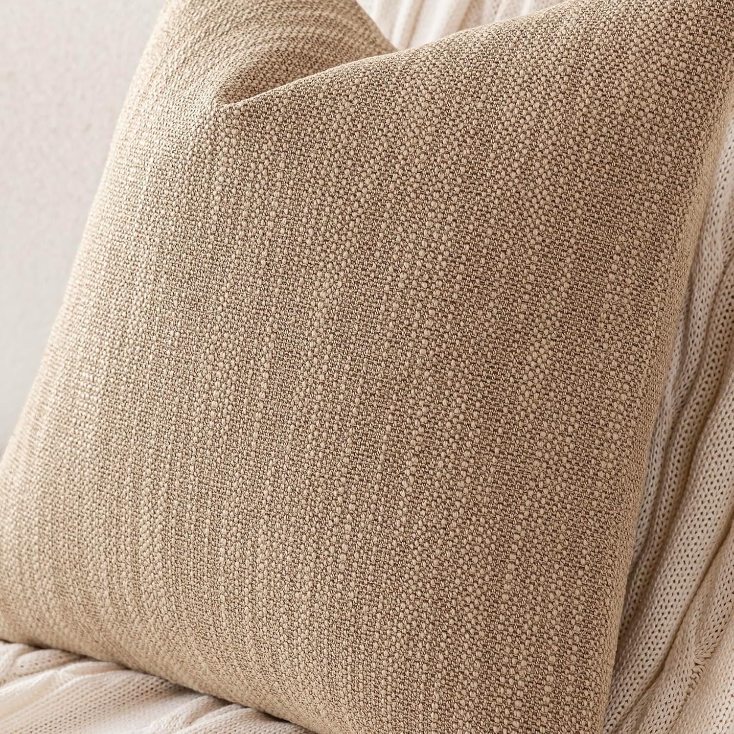 Foindtower Set of 2 Decorative Textured Burlap Linen Throw Pillow Covers Farmhouse Boho Cushion Cover Solid Accent Pillowcase for Couch Sofa Bed Living Room Home Decor, 24×24 Inch,Camel