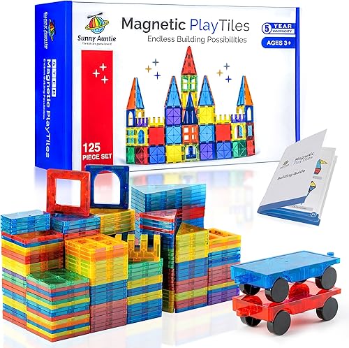 Juego de azulejos magnéticos de 125 piezas XL con bolsa de almacenamiento, azulejos magnéticos de construcción para niños de 3 a 8 años, juguete de