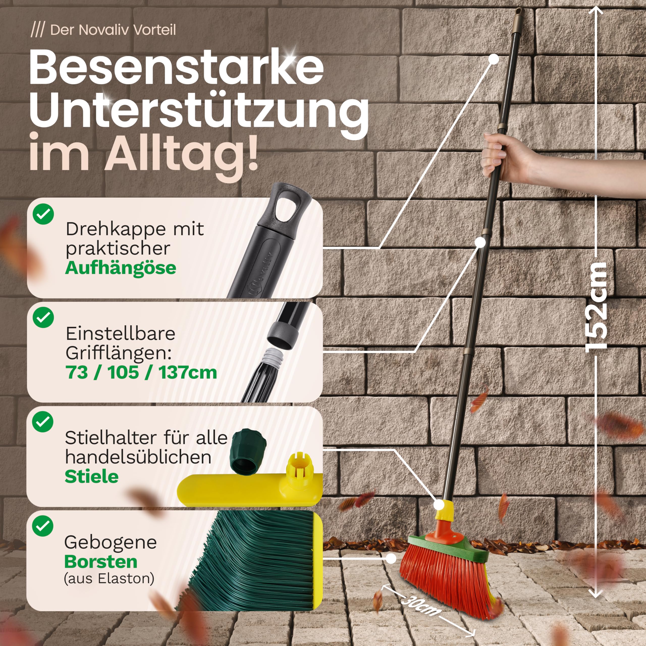 Novaliv 2X Krallenbesen mit Stiel 30cm, Spezialbesen gebogenen Borsten Borsten Rot Gelb -Ideal als Gartenbesen, Kratzbesen, Kunstrasen Besen, Optimal für Camping, Straßenbesen