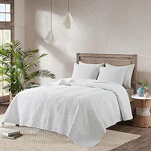 Boho White King Size Quilt Bedding Sets with Pillow Shams, Lightweight Soft Bedspread Coverlet, Quilted Blanket Thin Comforter Bed Cover, All Season, 3 Pieces, 104x90 inches