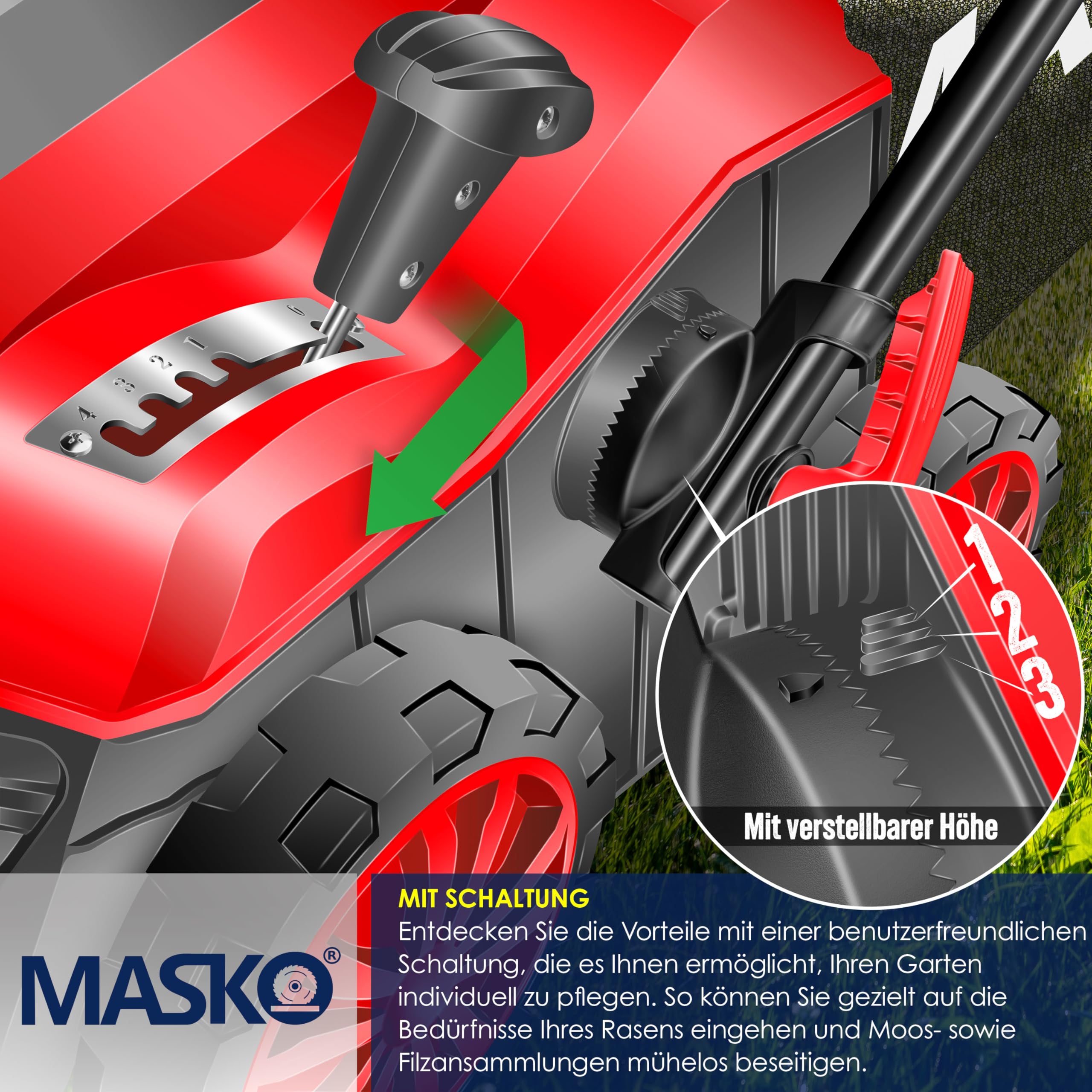 MASKO® Scarificateur électrique 2 en 1 Aérateur de gazon 1 800 watts largeur de travail 40 cm bac de ramassage 55 L incluant rouleau de ventilation aérateur démousseur, profondeur de travail, rouge