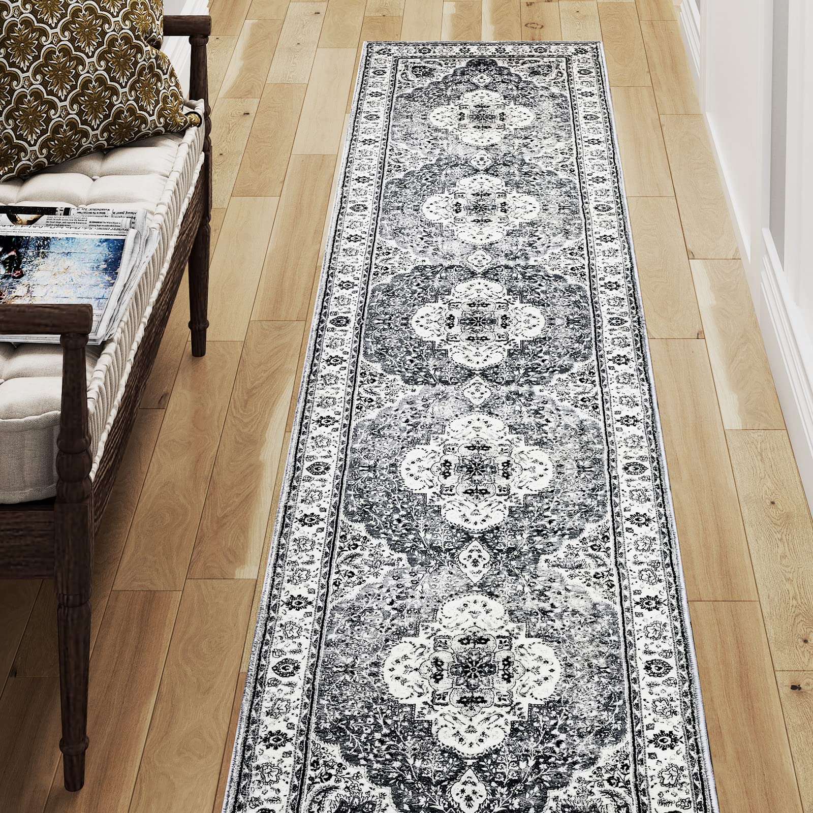 FUNME2x10 Runner Rug with Rubber Backing, Machine Washable Hallway Kitchen Runner Carpet Non Slip Grey Bathroom Area Rug Mat(2'x10', Grey)