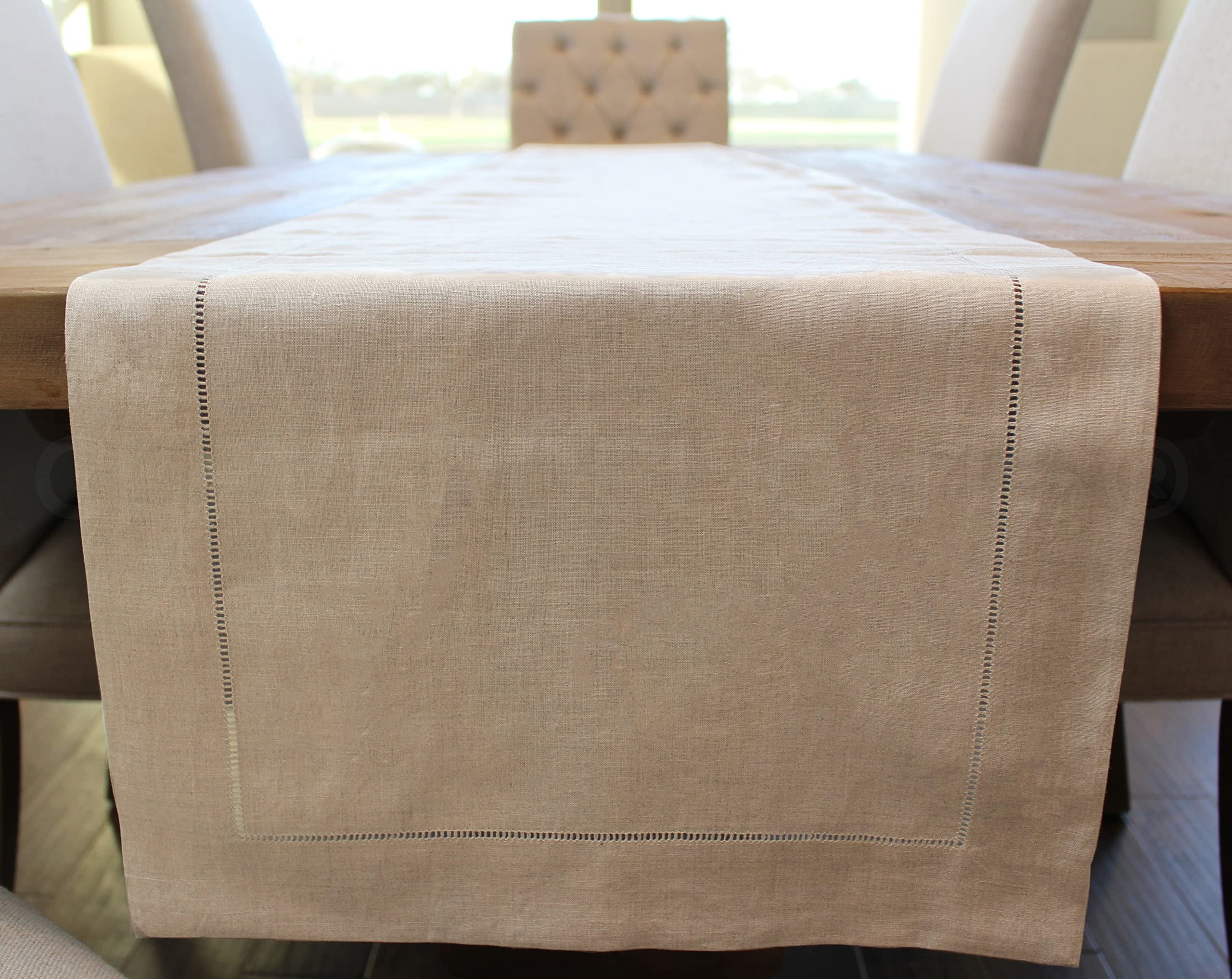 Camino de mesa CleverDelights de lino natural cosido a mano, 40 x 182 cm, 100% lino puro