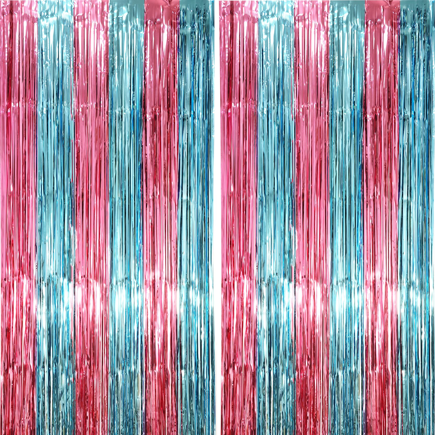 Voircoloria Blue Pink Foil Fringe Backdrop Curtains,3.3x6.6ft, 2 Pack | Tinsel Streamers, Door Shimmer, For Baby Shower, Birthday Party Decorations, Graduations